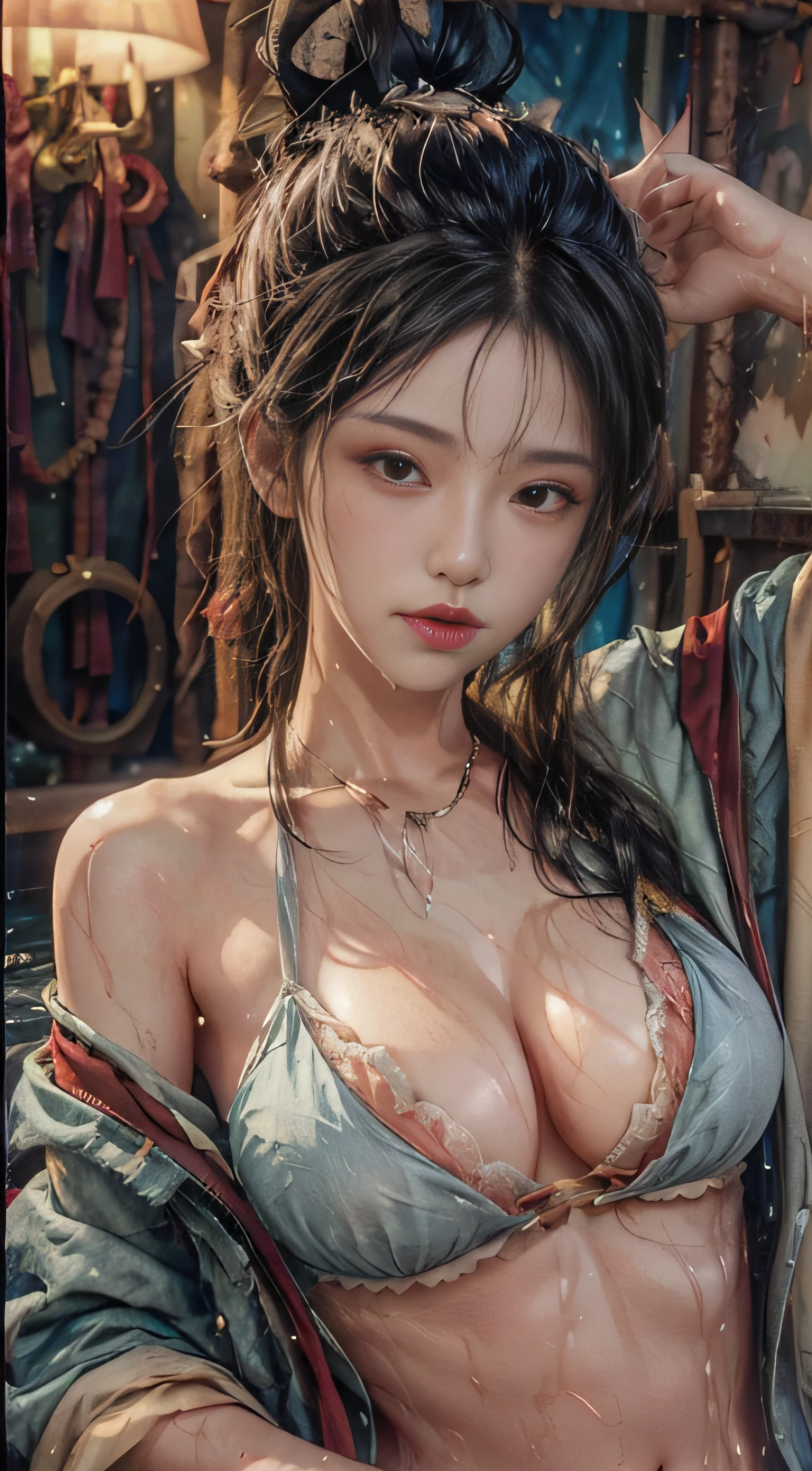 Belly button, cleavage, (big breast: 1.2) close-up, upper body, water on the body, soaked clothes,