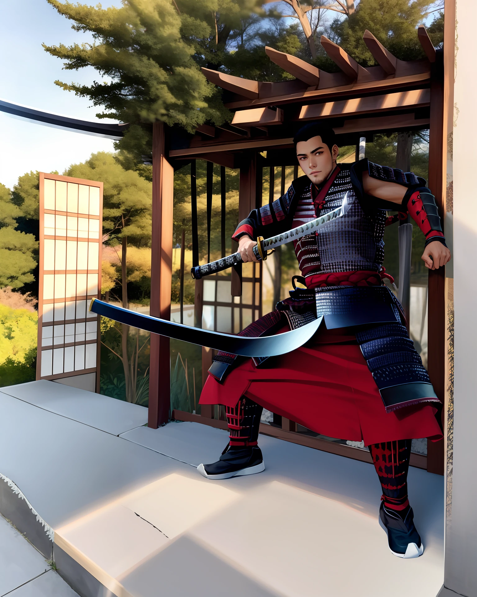 A handsome ager dressed in a Japanese samurai costume wielding a katana epic ink with plenty of maple leaves
