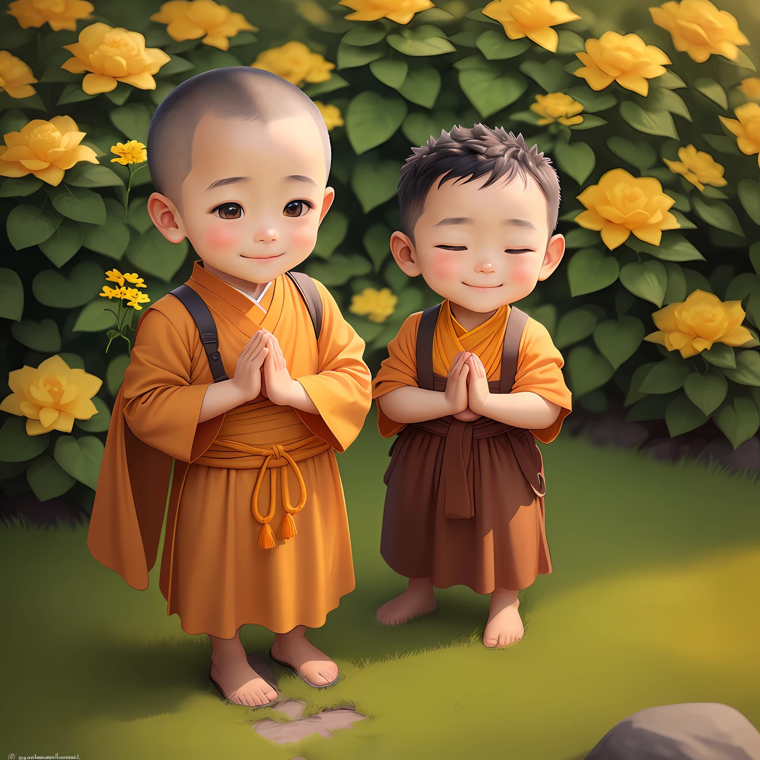 A bald child，Chinese prayer for the blessing of the little monk，Wear monk costumes and cassocks，Close-up of hands folded,,A cute smile on his face，adorable digital painting， --auto