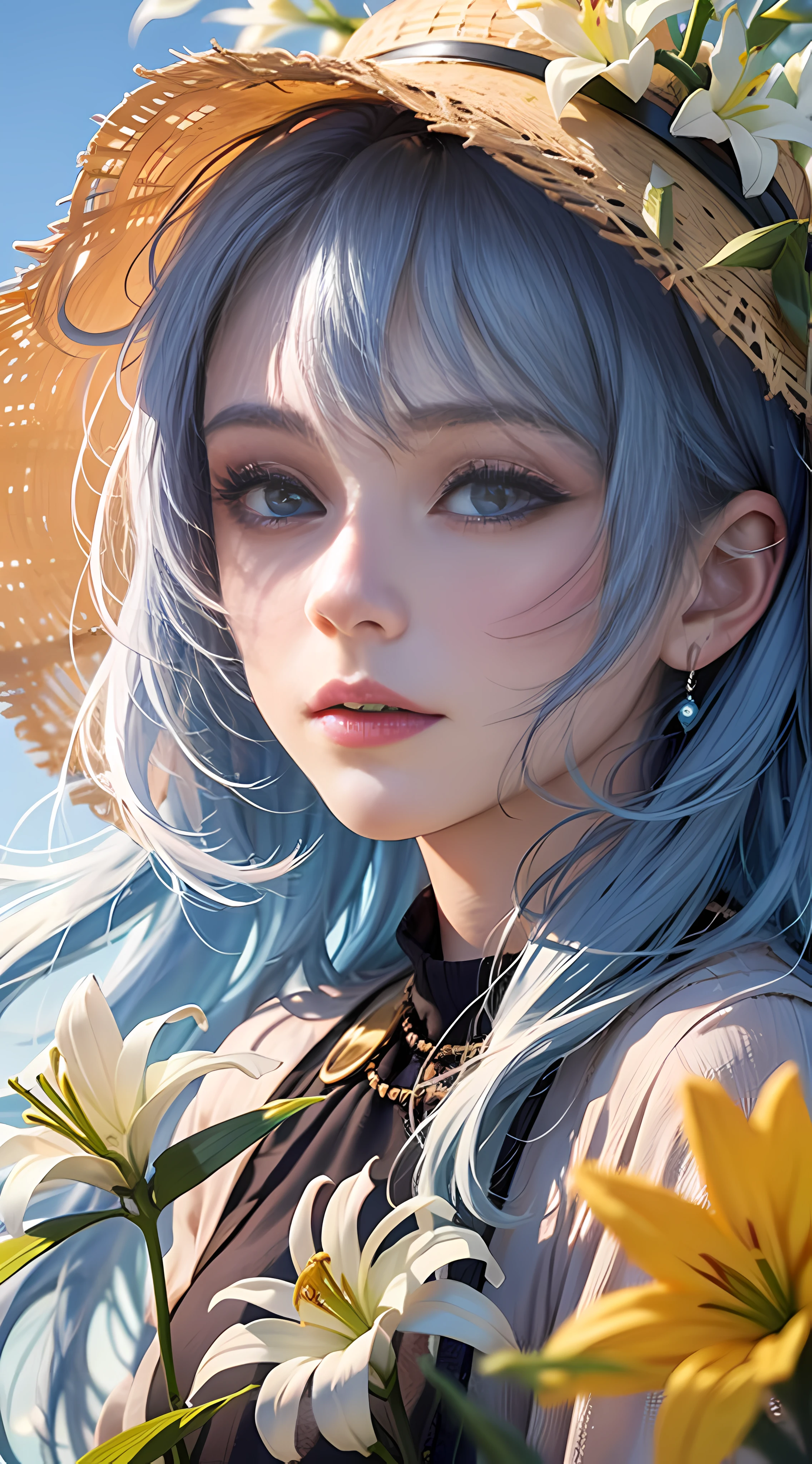 Ultra high quality,8K,Don't miss your fingers,1girls,Lovely older sister,Blue-pink hair,Close-up of the head,the sun is shining wide shot,White lilies,the sun is shining wide shot,