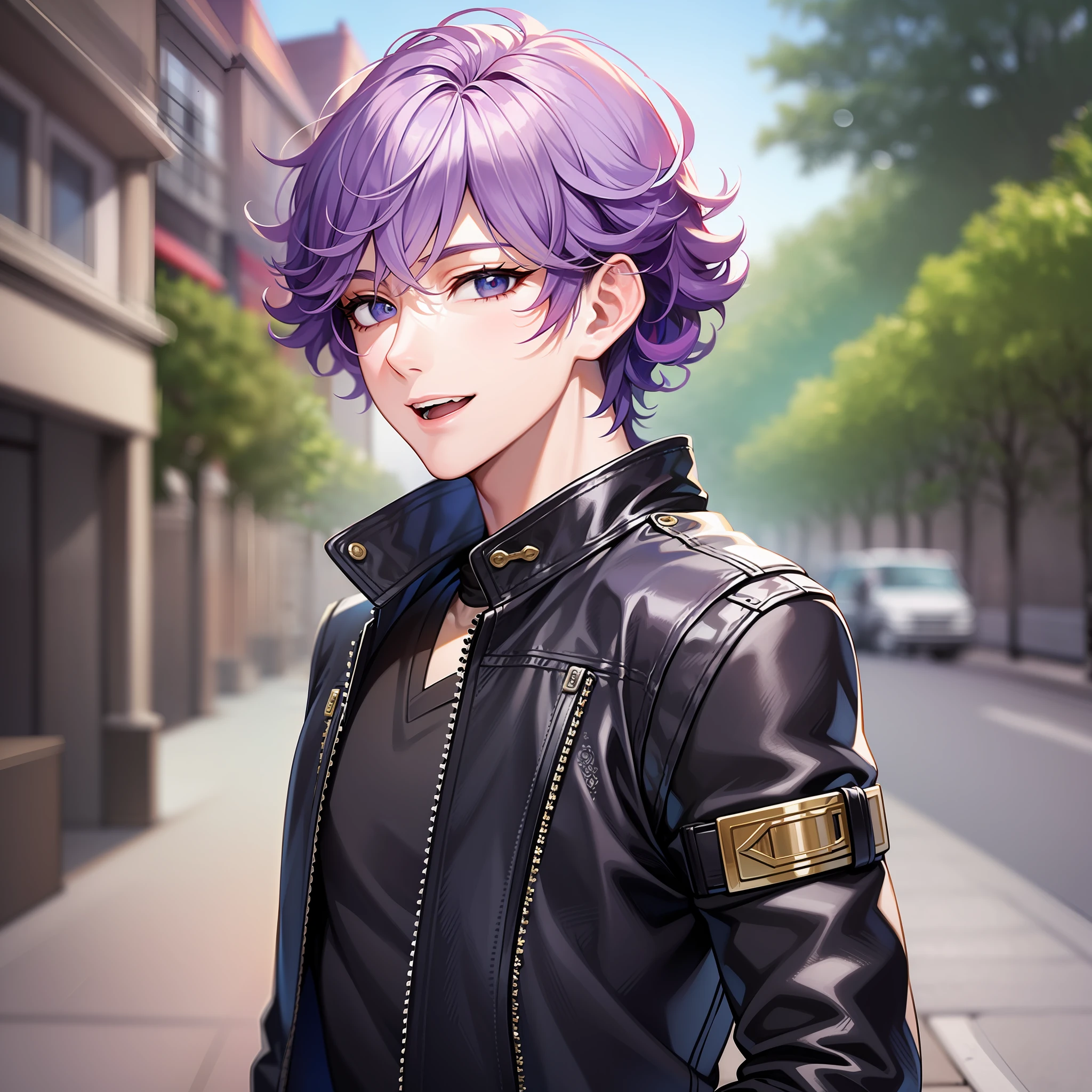 boy,Ikemen ,purple hair, blue leather jacket, parted hair, portrait, curly hair at the end, cheerful