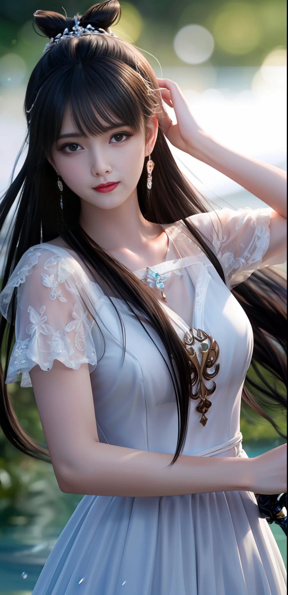 best quality,masterpiece,highres,cg,
1girl,weapon,sword,long hair,dress,water,solo,jewelry,white dress,earrings,hair ornament,splashing,upper body,hair bun,black hair,
lighting,candid,Photograph,high resolution,4k,8k,Bokeh,