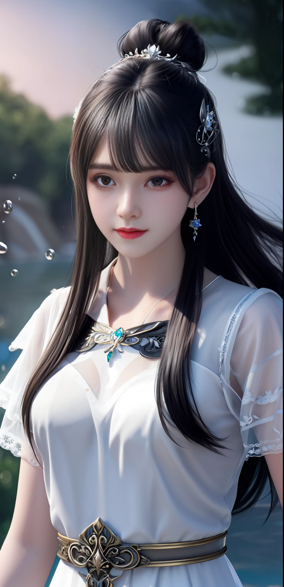 best quality,masterpiece,highres,cg,
1girl,weapon,sword,long hair,dress,water,solo,jewelry,white dress,earrings,hair ornament,splashing,upper body,hair bun,black hair,
lighting,candid,Photograph,high resolution,4k,8k,Bokeh,