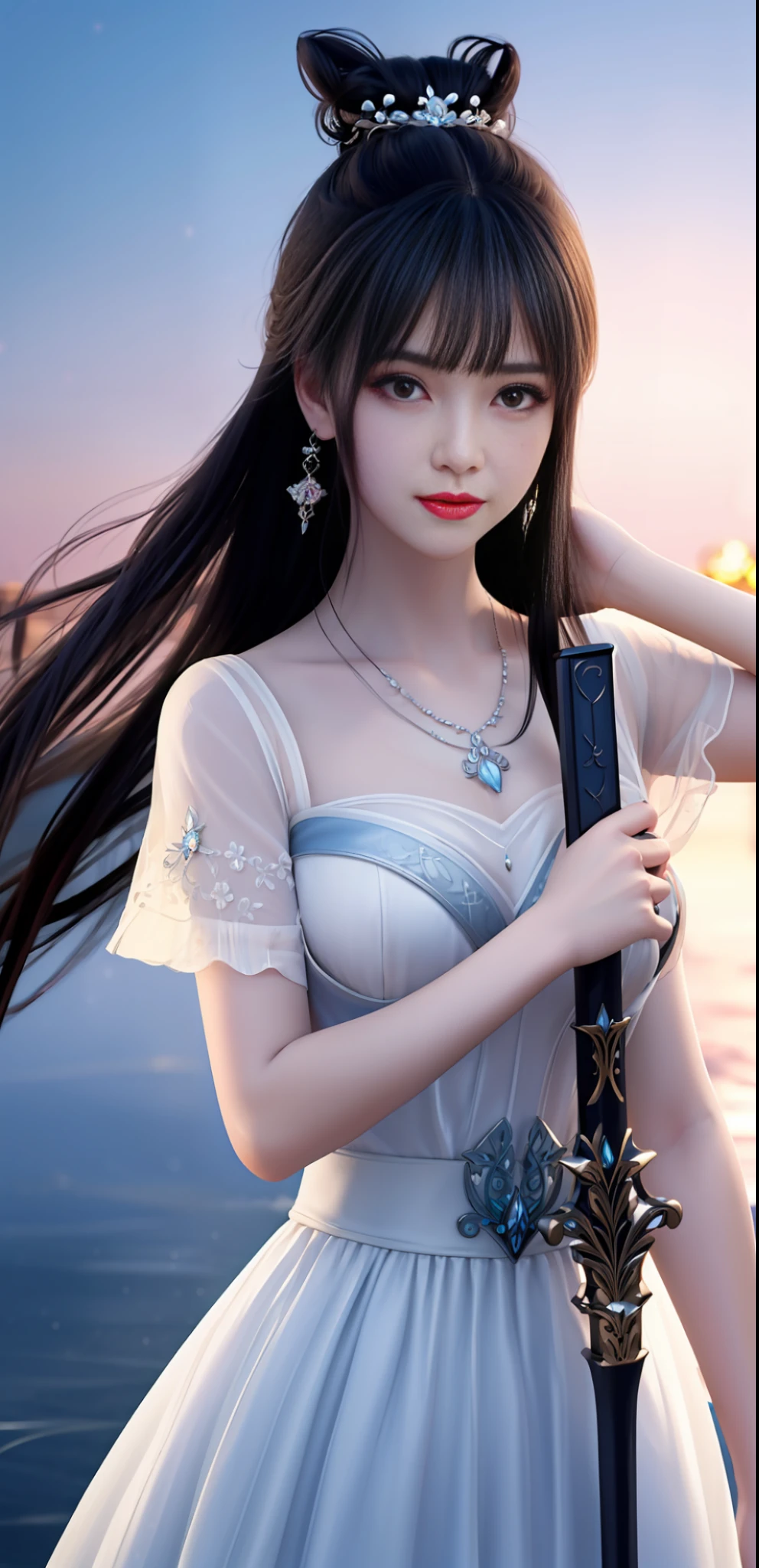 best quality,masterpiece,highres,cg,
1girl,weapon,sword,long hair,dress,water,solo,jewelry,white dress,earrings,hair ornament,splashing,upper body,hair bun,black hair,
lighting,candid,Photograph,high resolution,4k,8k,Bokeh,