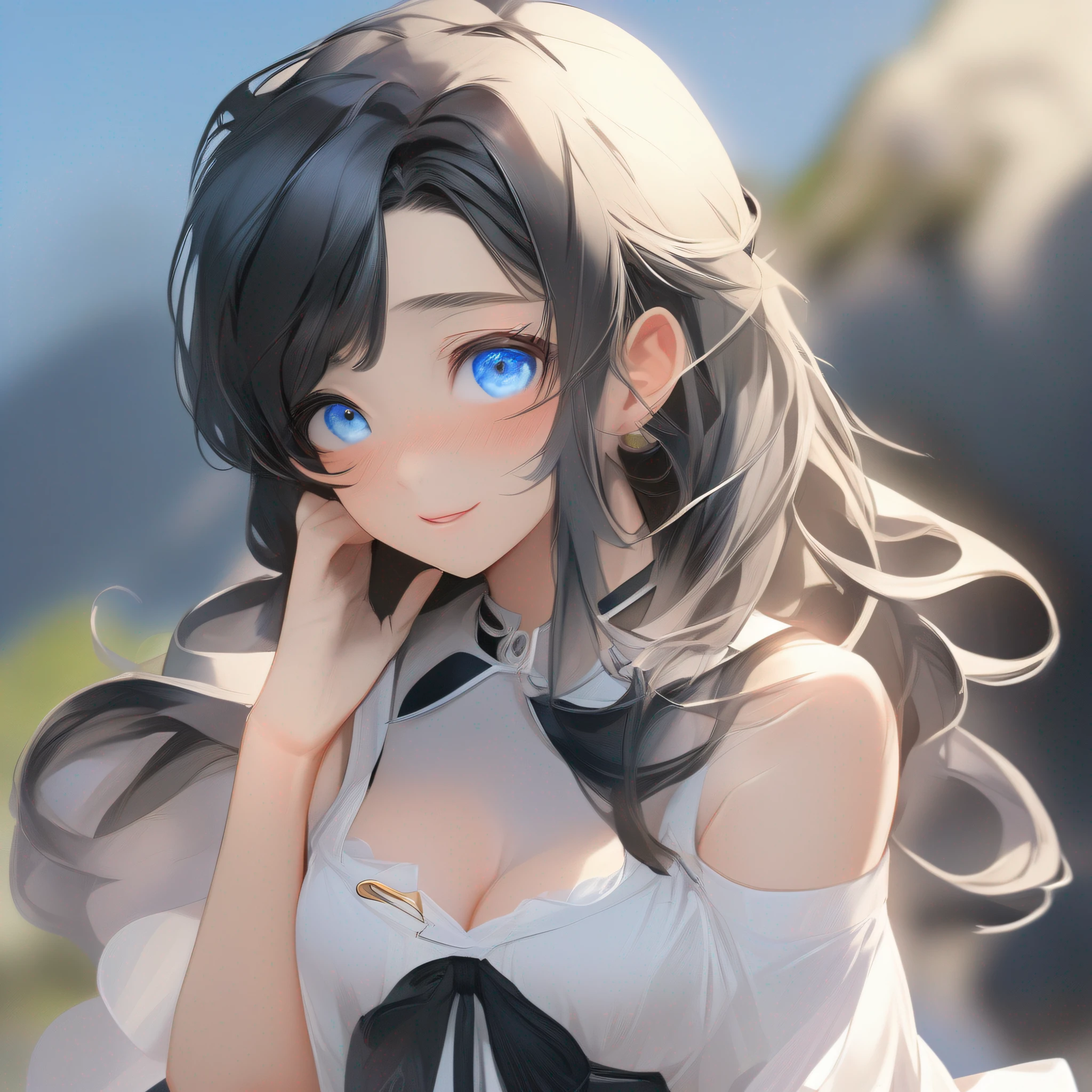 Candid Shot At Girl Picture, Volumetric Lighting, Best Shadows, Shallow Depth of Field, Portrait Of ganyu \(genshin impact\), Delicate Beautiful Attractive Face With Alluring Sharp Blue Eyes, Sharp Eyebrows, Enjoying The Scenery, Closed Mouth, Lovely Medium Breasts, Layered Long Black Two-Side Up Hair, Windswept Hair, Hair Ribbon, Blush Eyeshadow, Thick Eyelashes, Cross On The Red Turtleneck Shirt, Long Sleeve, Slim Waist, Black Short Pleated Skirt, Thigh Gap, Black Thigh-High Stockings, Red Sky At Night, Clouds, School Rooftop, Under Red Moon, Rooftop Guardrails, Villagescape, Facing Away, Side View of Leaning On Railing, Shoulder Blades, (Highest Quality, Amazing Details:1.25), (Solo:1.3), Brilliant Colorful Paintings