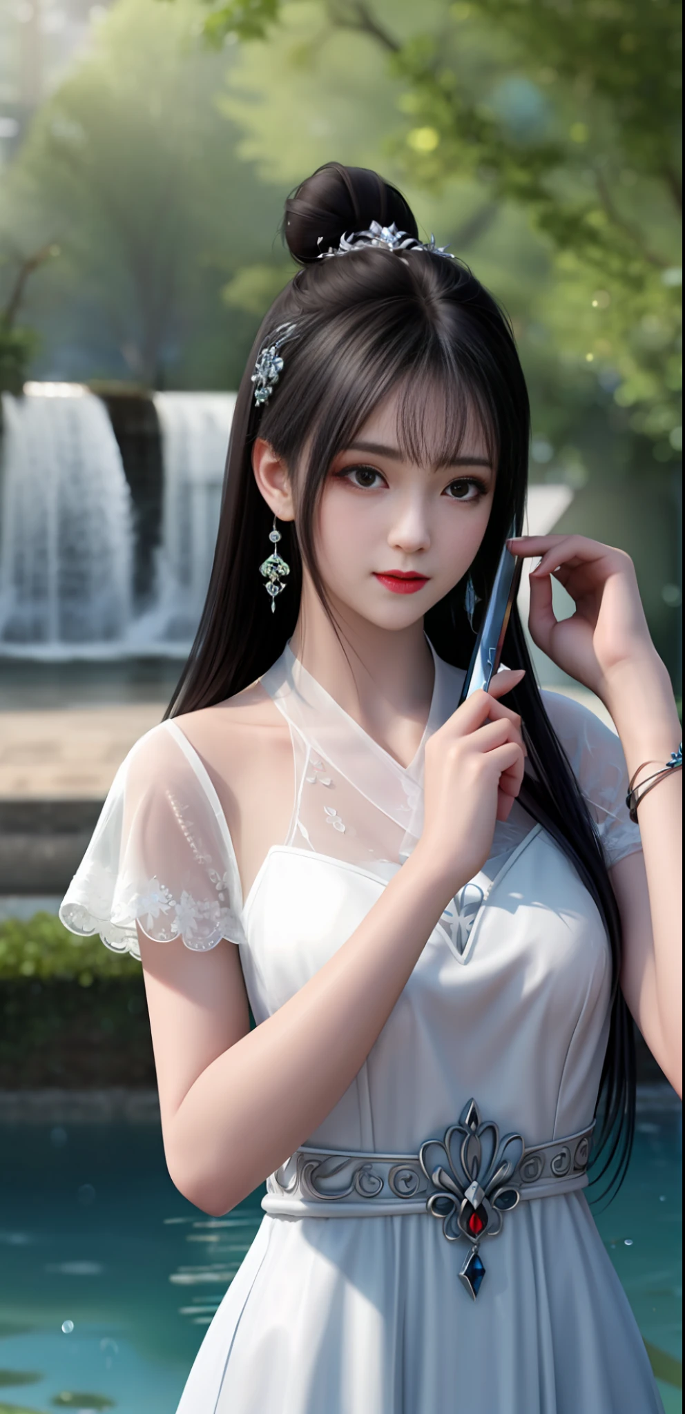 best quality,masterpiece,highres,cg,
1girl,weapon,sword,long hair,dress,water,solo,jewelry,white dress,earrings,hair ornament,splashing,upper body,hair bun,black hair,
lighting,candid,Photograph,high resolution,4k,8k,Bokeh,