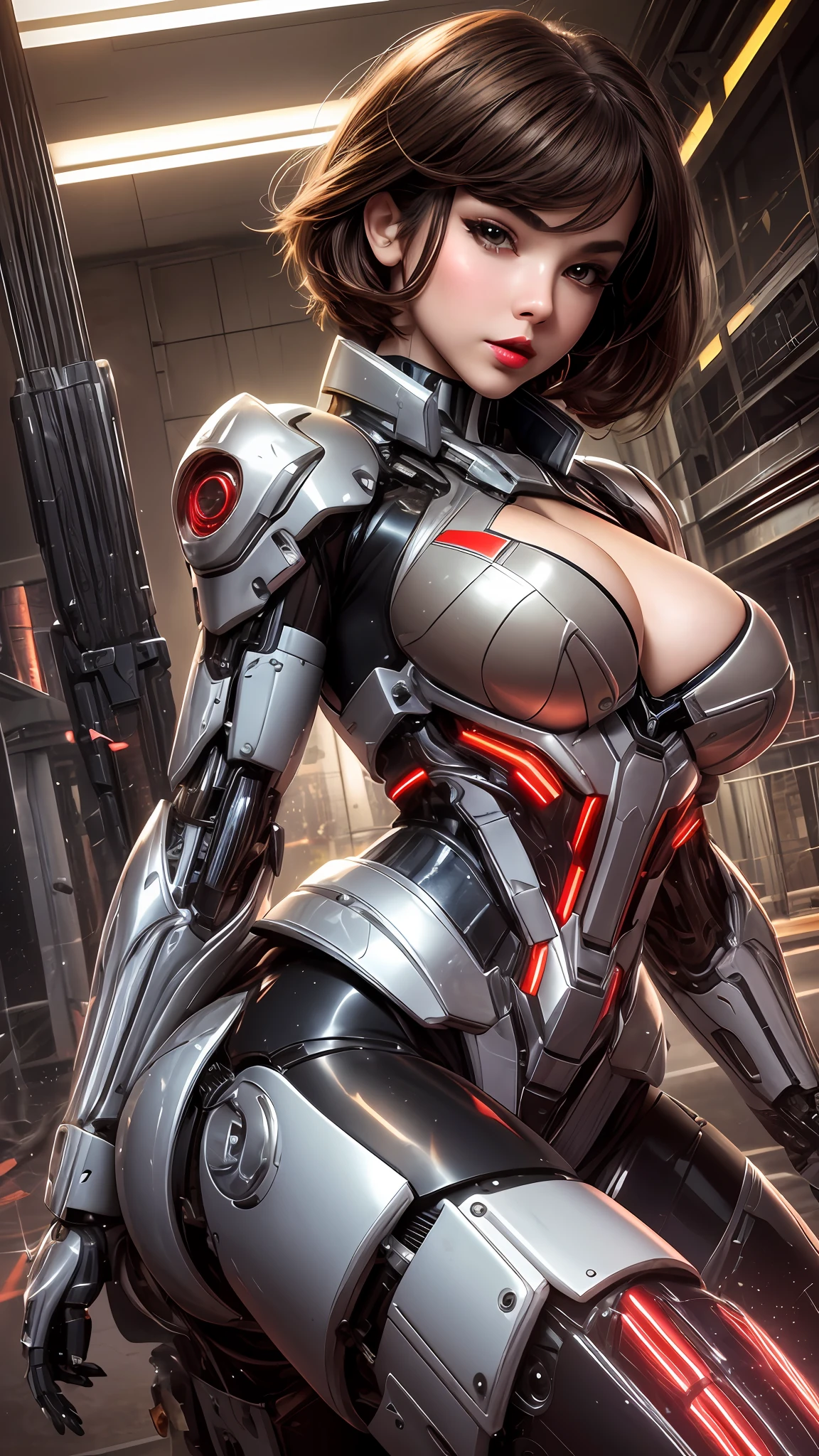 Best Works, High Quality, High Resolution, High Texture, 8k, High Dynamic Range, 1 Shot, Beautiful 18 year old female Pacific Islander with layered haircut, brown hair, disheveled black hair, detailed skin, fine-grained skin, big breasts, ((cleavage:1.0)), sparkling eyes, blushing cheeks, bright red lips, shiny lips, dark eyeliner, long shot, sexy pose, seductive pose, Erotic poses, mecha musumes, mechanical parts, from below, along with giant cyber machines,