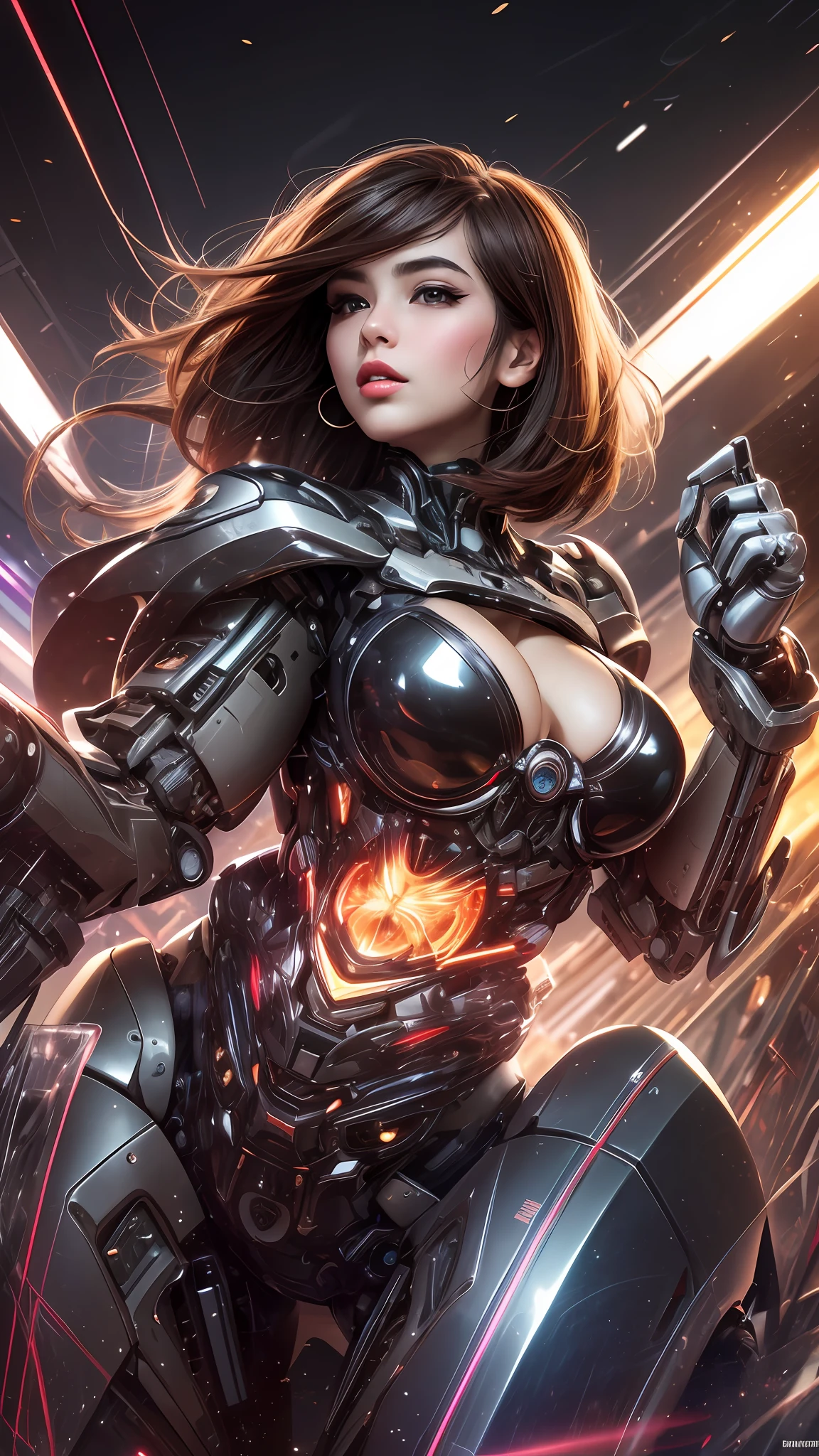 Best Works, High Quality, High Resolution, High Texture, 8k, High Dynamic Range, 1 Shot, Beautiful 18 year old female Pacific Islander with layered haircut, brown hair, disheveled black hair, detailed skin, fine-grained skin, big breasts, ((cleavage:1.0)), sparkling eyes, blushing cheeks, bright red lips, shiny lips, dark eyeliner, long shot, sexy pose, seductive pose, Erotic poses, mecha musumes, mechanical parts, from below, along with giant cyber machines,