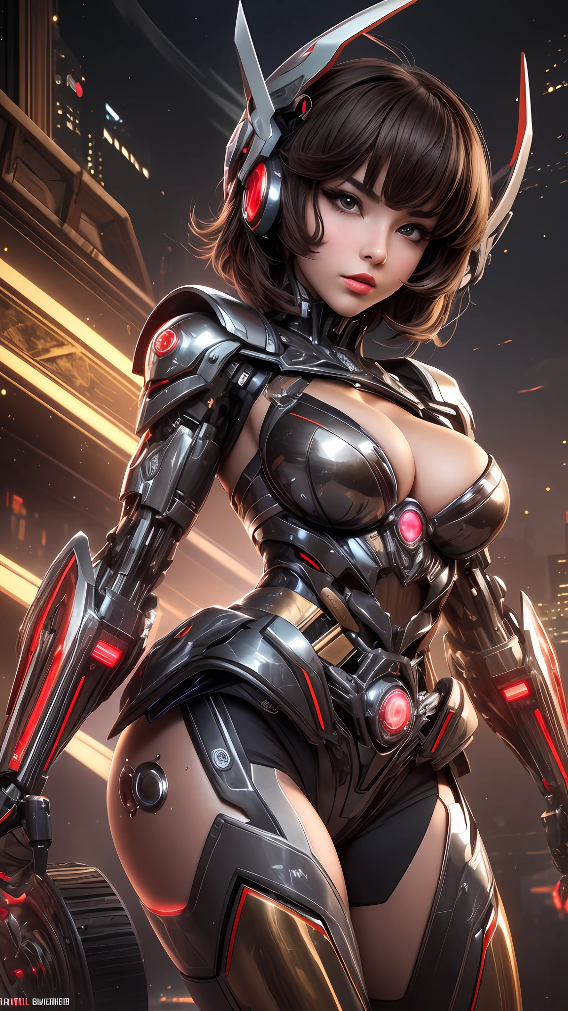 Best Works, High Quality, High Resolution, High Texture, 8k, High Dynamic Range, 1 Shot, Beautiful 18 year old female Pacific Islander with layered haircut, brown hair, disheveled black hair, detailed skin, fine-grained skin, big breasts, ((cleavage:1.0)), sparkling eyes, blushing cheeks, bright red lips, shiny lips, dark eyeliner, long shot, sexy pose, seductive pose, Erotic poses, mecha musumes, mechanical parts, from below, along with giant cyber machines,