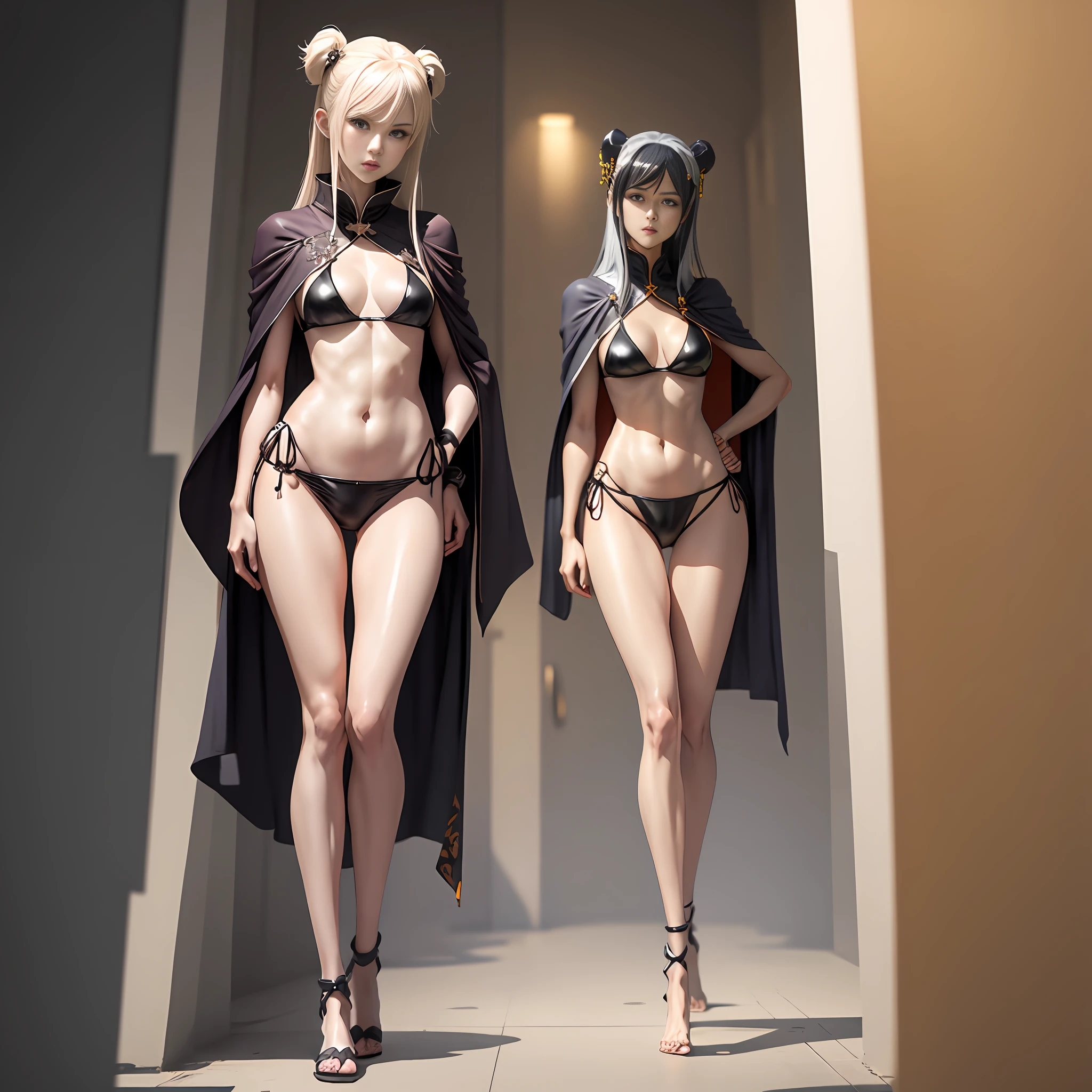Anime - Chinese goddess standing in golden illusory space in sexy hanfu and bikini cape，seductive anime girls，Sexy ancient goddess，full body detailing，（1.4），（Long legs 1.1），[ 4 K digital art ]!,Smooth anime CG art，Female action anime girl，shiny white skin，Adult version，SFW version，full body pose，the perfect body，18 forbidden