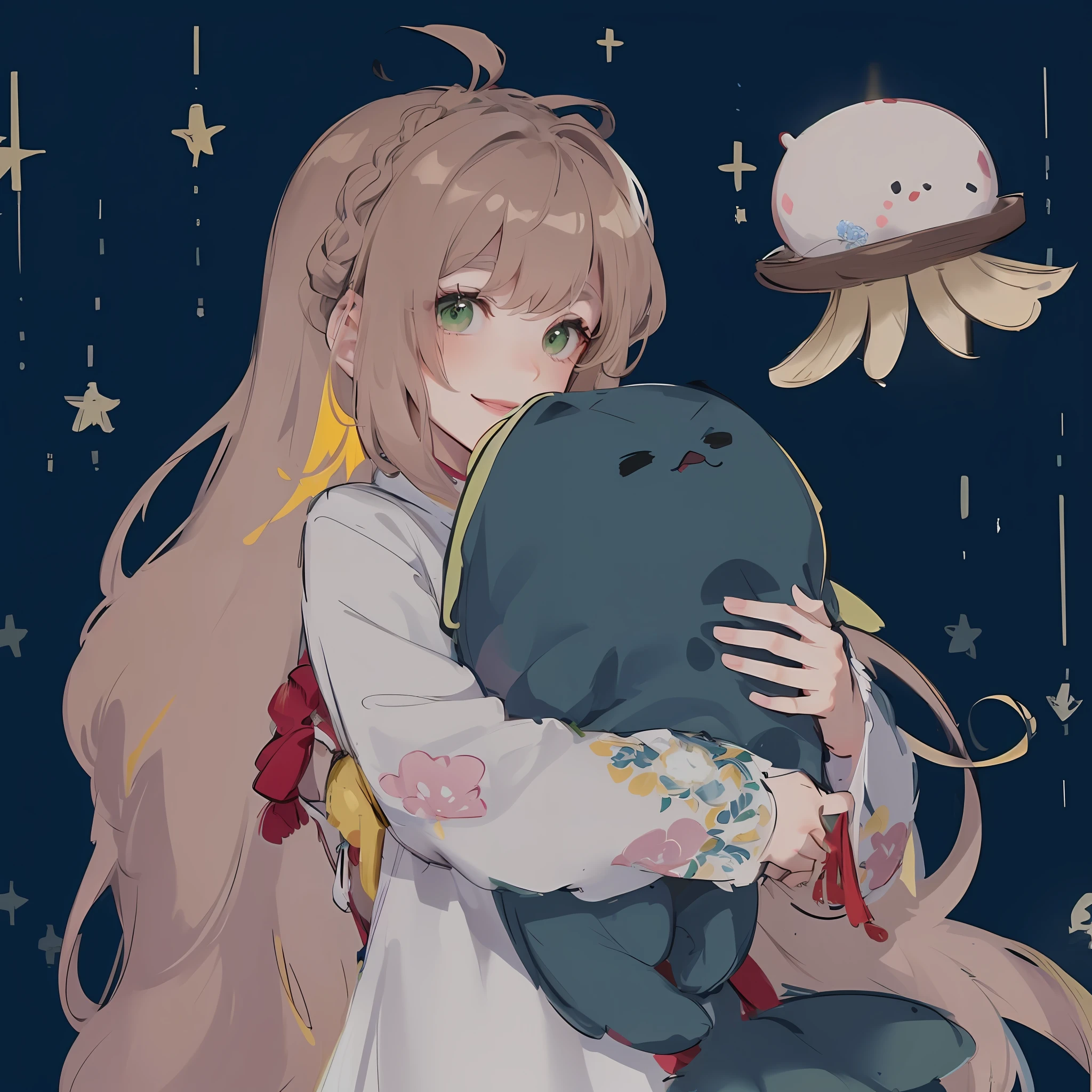 Masterpiece: The Best Night Full Moon 1 Female Mature Chinese Style Ancient Chinese Sister Royal Sister Smile Brown Hair Princess Cut Single Twist Braid Double Pill Head Light Pink Lips, Calm, Intellectual, Medium Hair, Green Eyes, Hairpin, Hydrangea,