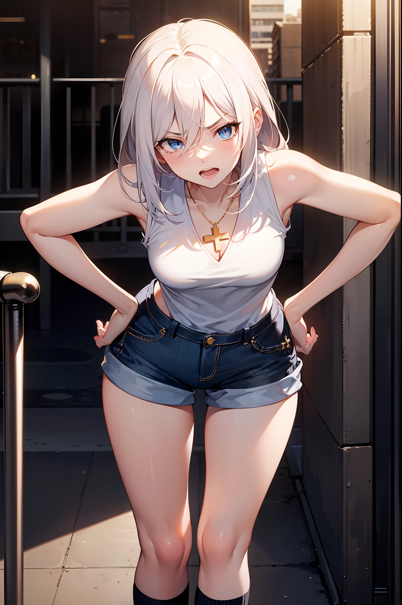 Masterpiece, Best quality, Masterpiece,Best quality,officlal art,Extremely detailed CG unity 8k wallpaper, golden hour lighting, strong rim light, strong shadows, in the cyberpunk city, artbook, Medium hair, White hair,  Blue eyes, Small breasts, Sleeveless shirt, short pants, kneehighs, jitome, Half-closed eyes, :t, ((hair over shoulder)),hair between eyes,（A look of disdain），（Gradient hair）,dyed bangs,Cross necklace，hand on hips,Leaning forward,Open mouth,Naughty face,Thin,a little angry,long hair