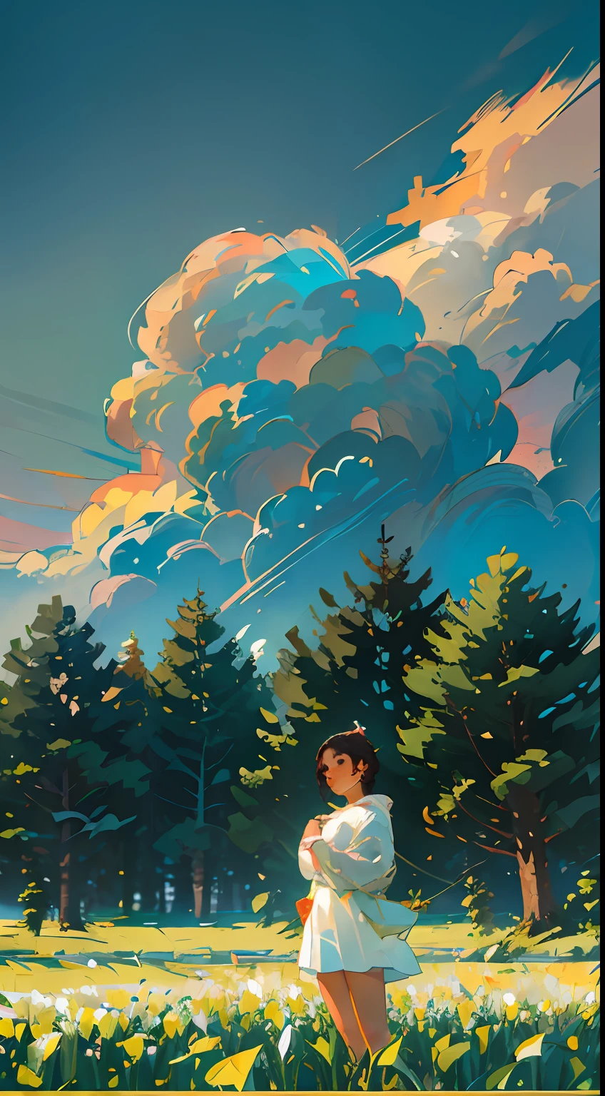 Wheat field, a beautiful girl standing in a wheat field, big clouds, blue sky, rice field, neat rice seedlings in the field, forest, hillside, secluded, countryside, HD detail, hyper-detail, cinematic, surrealism, soft light, deep field focus bokeh, ray tracing and surrealism. --v6
