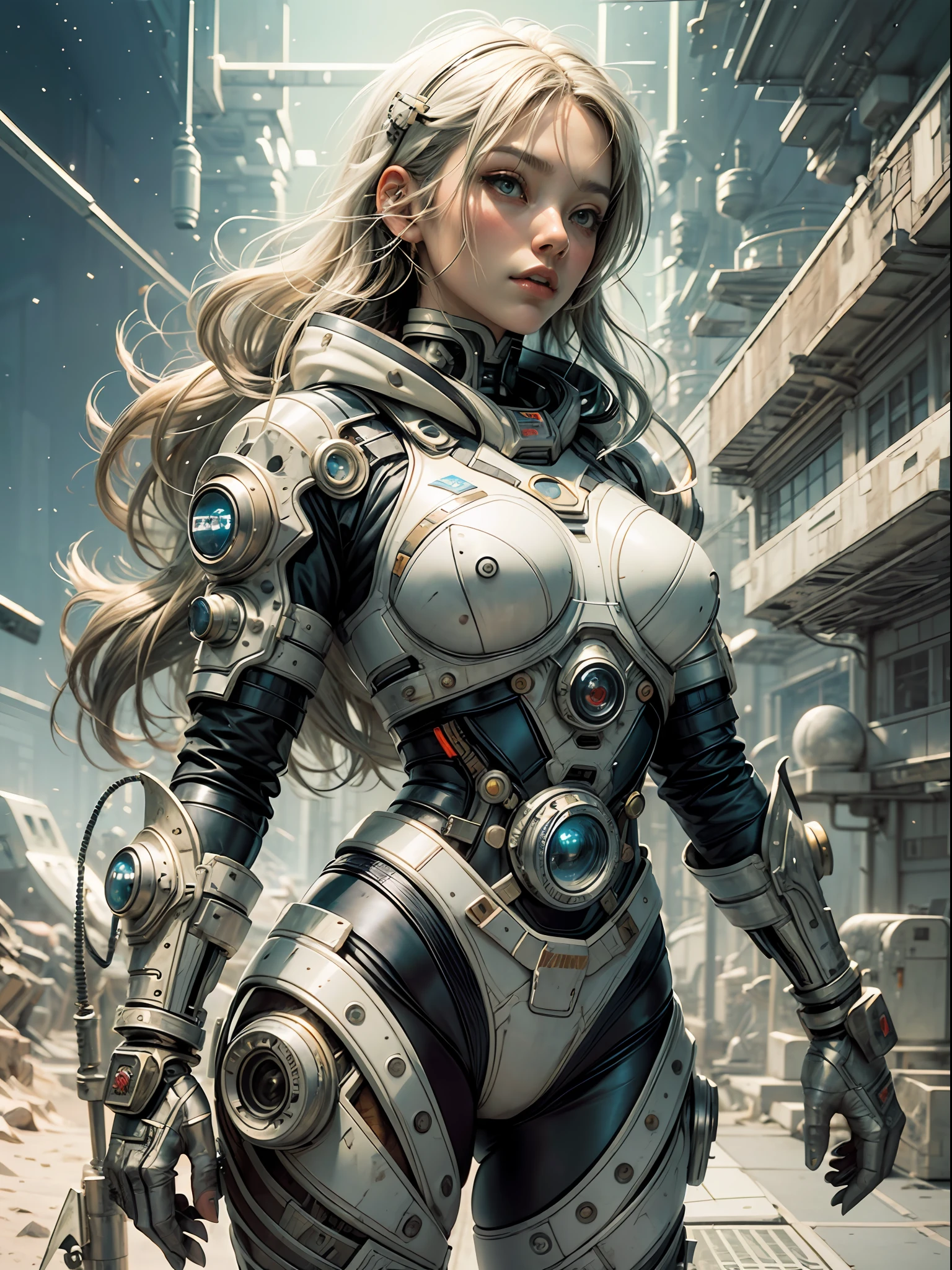 master-piece，1 monk warrior girl with white tech suit clothes，White long hair，laces，Abstract retro sci-fi background，art of moebius，Ashley Wood's art，dynamicpose，Desert environment，Wandering Earth style