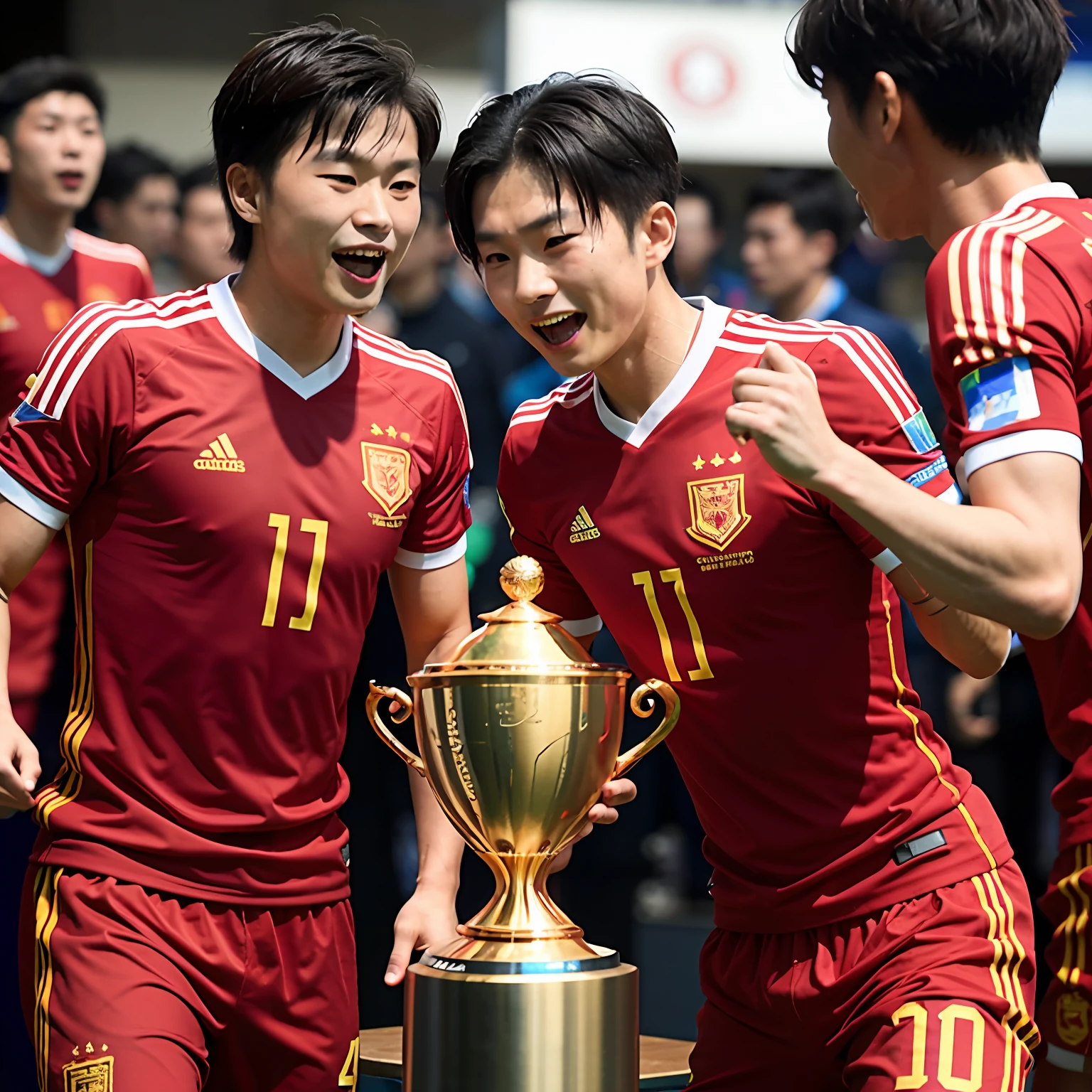 The Chinese men's football team won the World Cup,Hercules Cup,Red jersey,All players raise trophies