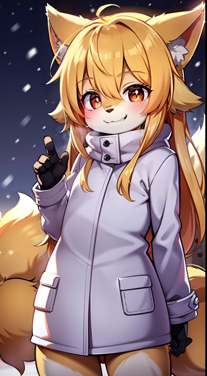 Fox girl, furry, furry, golden fur, golden face fur, long blonde hair, eyes with light, red eyes, super cute face, brown elements on fur, white coat, beautiful lights and shadows, ambient light, super fine fur, volumetric light, night, natural lighting, smile, fluffy tail, color contact lenses, Christmas background, snow, bright pupils, smiley