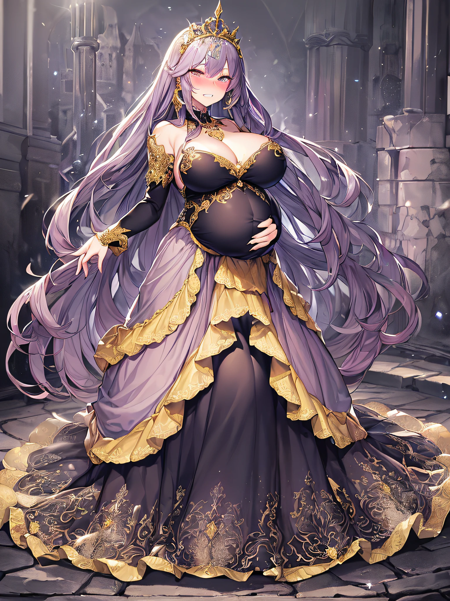 ((anime artstyle)),(Masterpiece),(Best Quality), (Super Detail),((Very Delicate and Beautiful)),Focus on character,Dynamic Angle,Looking at viewer,((Solo)),standing,(((full body))),(((one evil pregnant empress in gorgeous ball gown with voluminous skirt))),detailed face and eyes,((heavily pregnant)),((clenched teeth,blush)),embarrassed,jewel-like eyes,((Very Long voluminous Hair)),gorgeous embroidery and lace,See-through,ornate ruffles,luxury hair ornament,luxury and evil tiara with jewels,(gigantic breasts,Long breasts),full body,(((evil and dark atmosphere))),full body,heavily pregnant,(inside of prison),jeweled ball gown,(((gorgeous evil ball gown with voluminous skirt)))