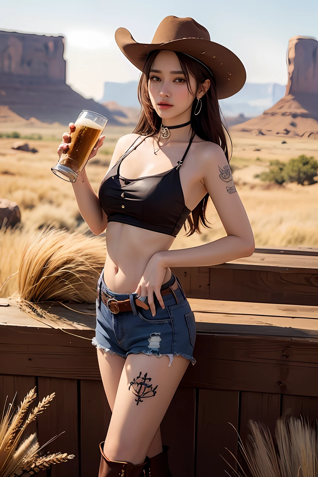 Western Cowboy Style、photos、best qualiy、Realstic、photorealestic、20-year-old girl、intricate detail、Brown leather boots、Leather camisole、Tattoos on the lower abdomen、choker、TATOO、Tattoo under the navel、a blond、(Wheat-colored burnt skin)、(Delicate details)、(intricate detail)、Cinematic light、best quality Backlights、Clear Line、in 8K、ultra-highresolution、Reveal clothing、((Drinking))、out door、(The background is a western movie setting)、((Monument))、Cheering beer、Holding a mug of beer、Standing in the wilderness、Monument Valley in Arizona in the background、