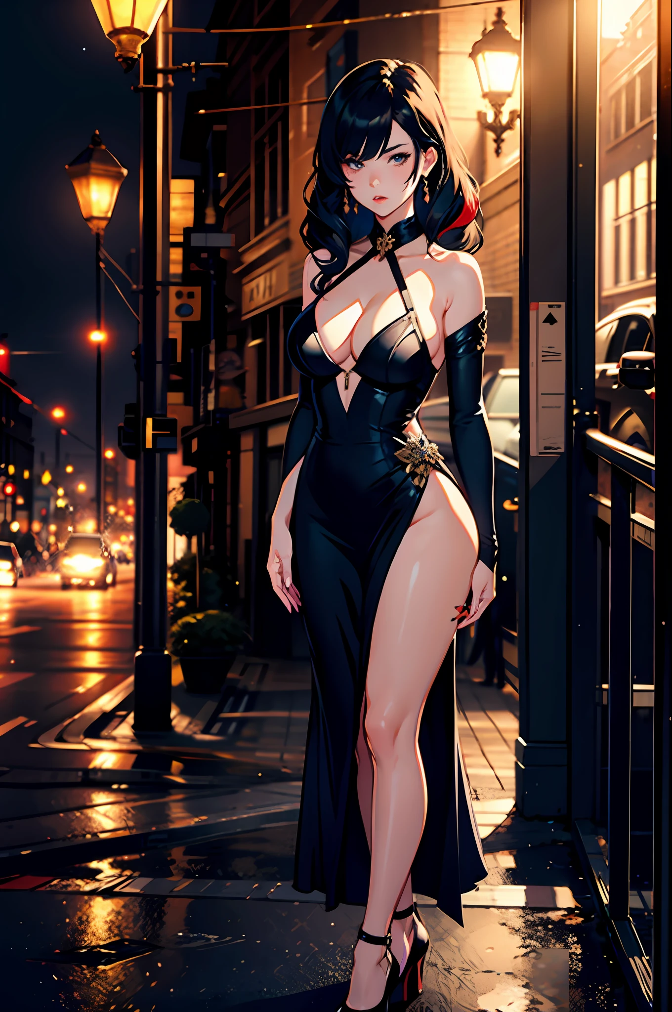 1girls, Delicate and beautiful face, hair splayed out, Hair strips dyeing，Hair of all colors，Various hairstyles，Angry, parted lips, Busty chest, Convex buttocks, Evening dress，high-heeled shoes, perfectly proportioned, Detailed clothing details，metropolis, street corner, Cinematic lighting, filmgrain, Fujicolor, light and shade contrast, 8K, Masterpiece, Textured skin, Super detail, high-detail, High quality, high - resolution,