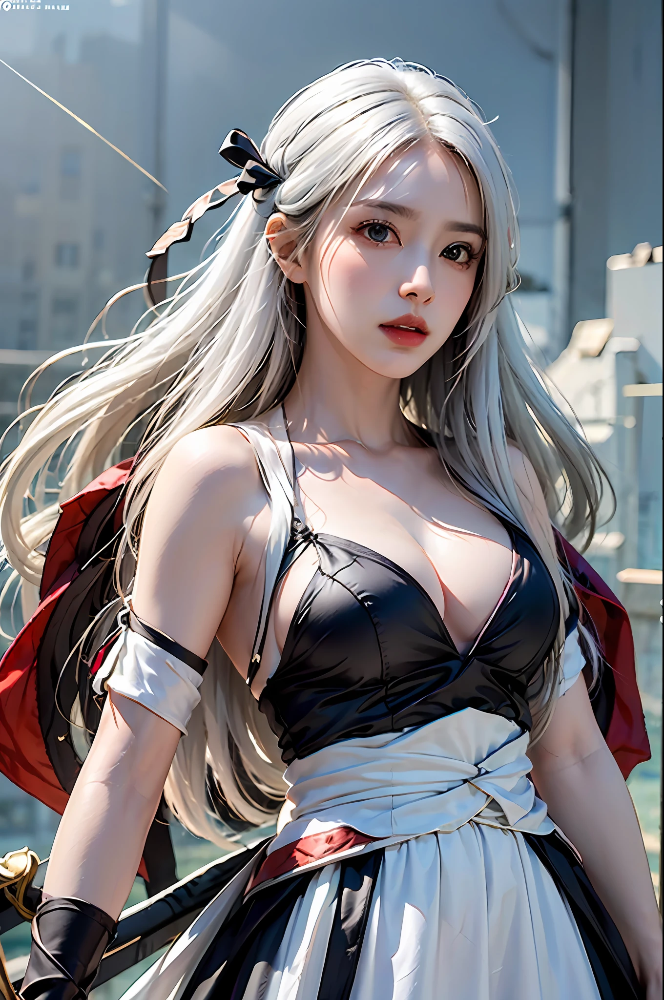 best quality, masterpiece, ultra-detailed, detailed light, (RAW photo:1.2), (photorealistic:1.4),(masterpiece:1.3),(best quality:1.4) 1girl, weapon, sword, hair ornament, solo, long hair, sky, dress, holding, holding weapon, holding sword, white hair, armor, cloud, chinese clothes, wate