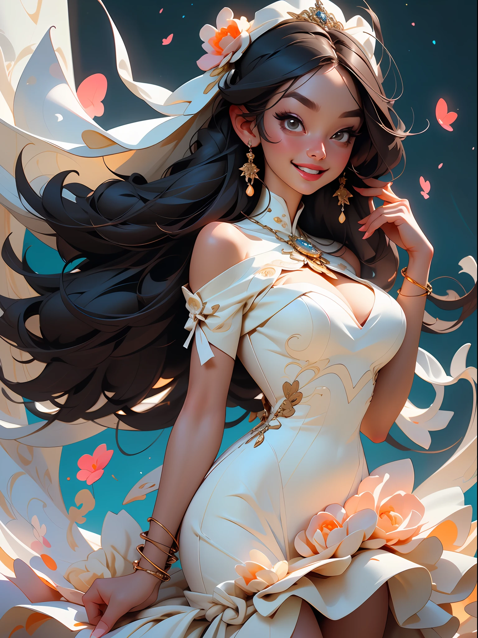 （（best qulity）），（（The Masterpiece）），（（realistically））Hyper-detail photography of a god girl in a white wedding dress。She has（（Dark blue hair）），Happy smile expression，Look up at the sky action，sun shine on face，The skin is white and delicate，With delicate jewelry ornaments，With a delicate necklace around his neck，Wearing a white wedding dress，Full body photo，Exudes an atmosphere（（Beautiful and beautiful）），erogenous，under-boobs，erogenous，