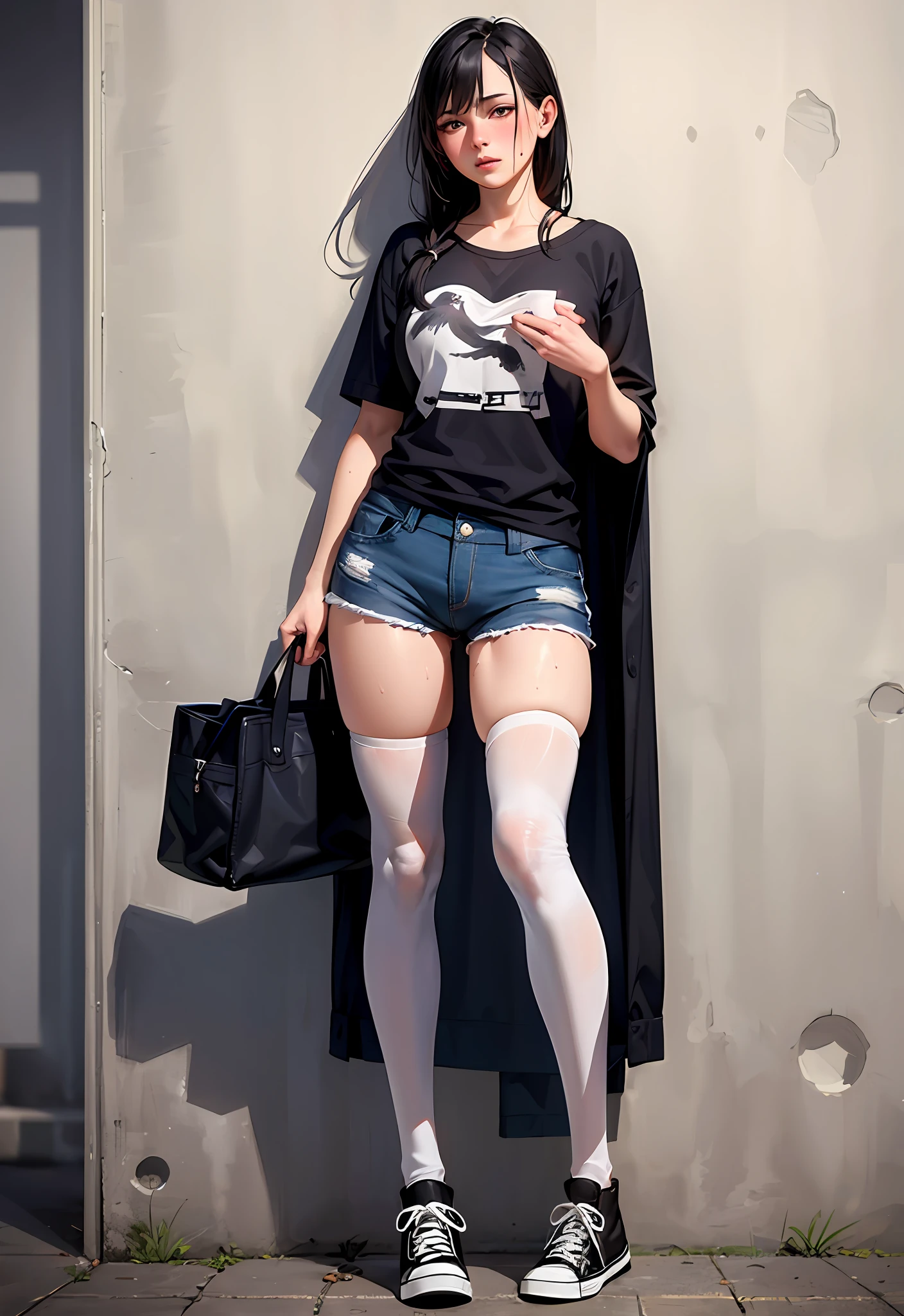((masterpiece, best_quality)), full body, (photorealistic:1.4),  solo, 1 girl, white_background, black_hair, long_hair,   zettai_ryouiki, loose shirt, nipple bulge, sketch-bird printing, Chuck Taylor, crotch gap, micro shorts, crotch barely seen, cameltoe ,shiny skin, sweaty skin, nose blush, canvas tote bag
