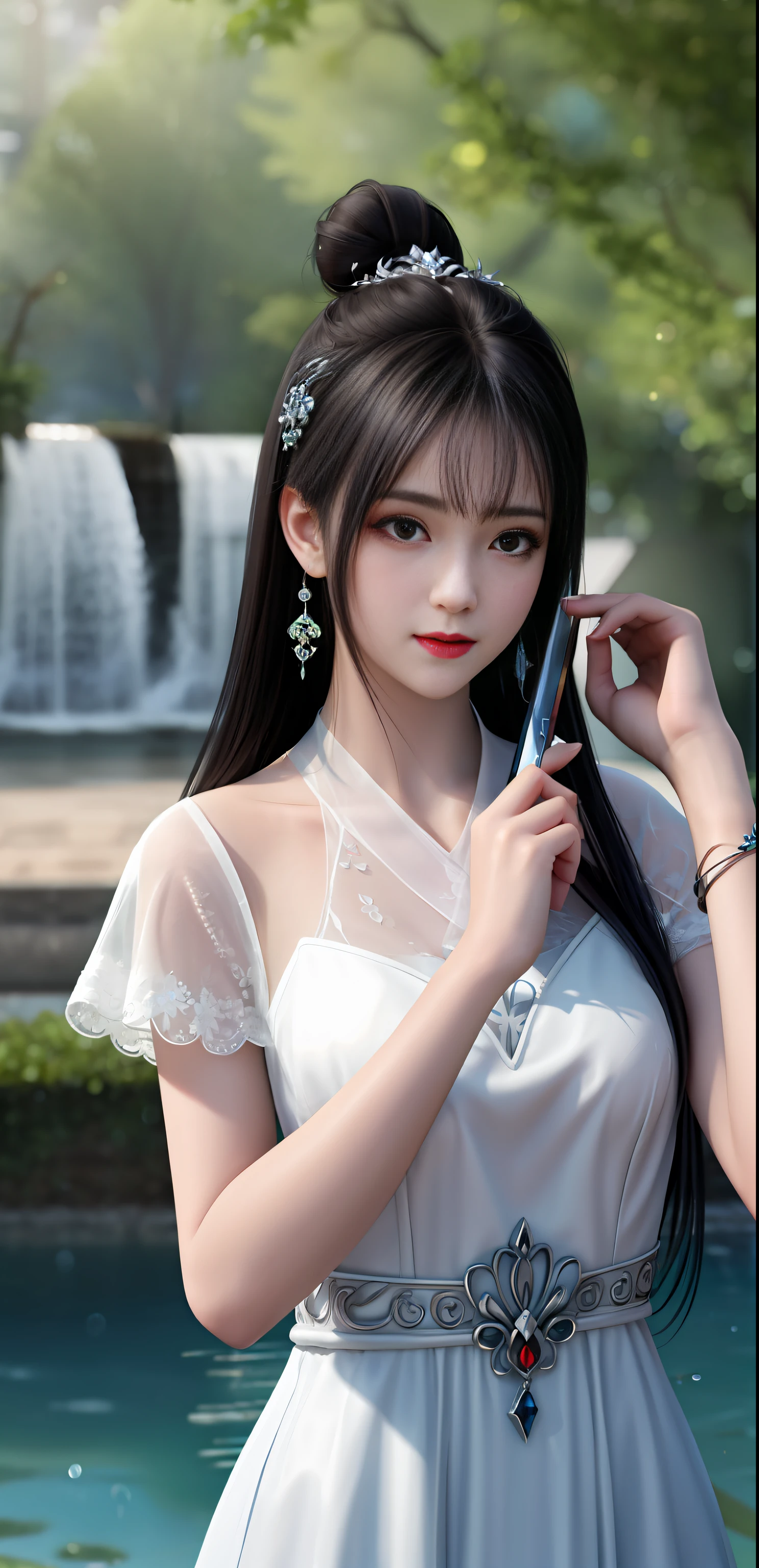 best quality,masterpiece,highres,cg,
1girl,weapon,sword,long hair,dress,water,solo,jewelry,white dress,earrings,hair ornament,splashing,upper body,hair bun,black hair,
lighting,candid,Photograph,high resolution,4k,8k,Bokeh,