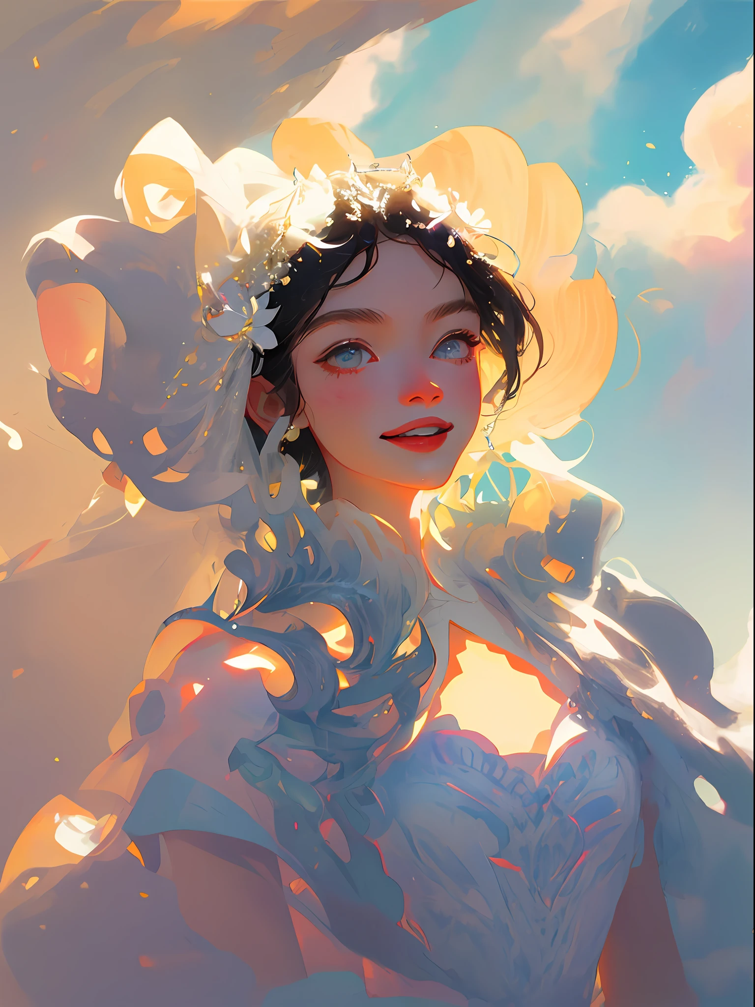Goddess of goddesses，Hyper-detail photography of a god girl in a white wedding dress。She has（（Dark blue hair）），Happy smile expression，Look up at the sky action，sun shine on face，The skin is white and delicate，With delicate jewelry ornaments，With a delicate necklace around his neck，Wearing a white wedding dress， afloat， White clouds，Warm pale yellow， with a blue sky and white clouds above it，Integrate with the cloud，Warm white，Side portrait photo，Pastel background，