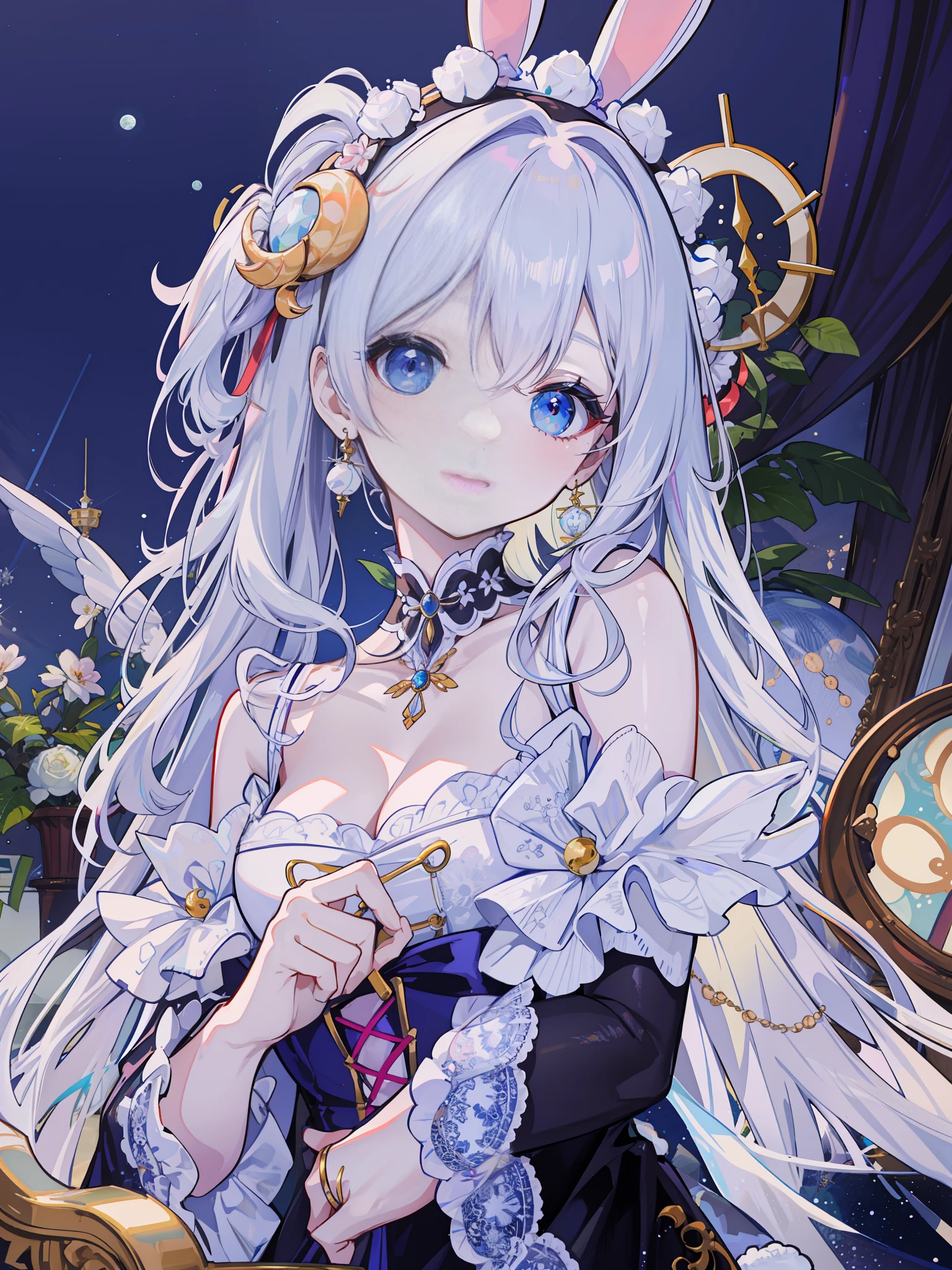 there is a woman in a bunny costume posing for a picture, ****, fairycore, Porcelain white skin, # Rococo, dreamy and detailed, rococo queen, pale milky white porcelain skin, Guwiz, SSAO 8 K, ball jointed doll, lunar themed attire, 8K)), ecopunk rococo, Rococo, 8 k detail