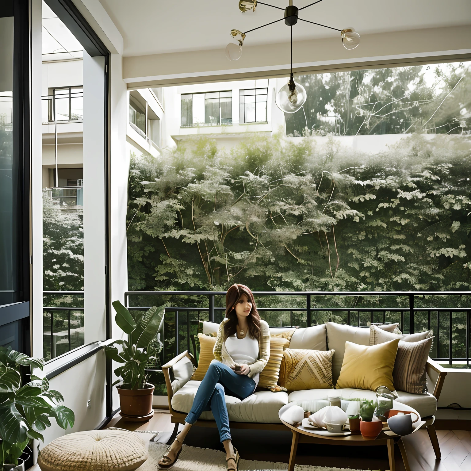 It is a spacious and sparse penthouse，A woman in casual clothes sits on a sofa，The comfortable beige sofa has two bohemian pillows，On one wall hangs a modern stylized oil painting，There are several pots of greenery on the balcony on the right