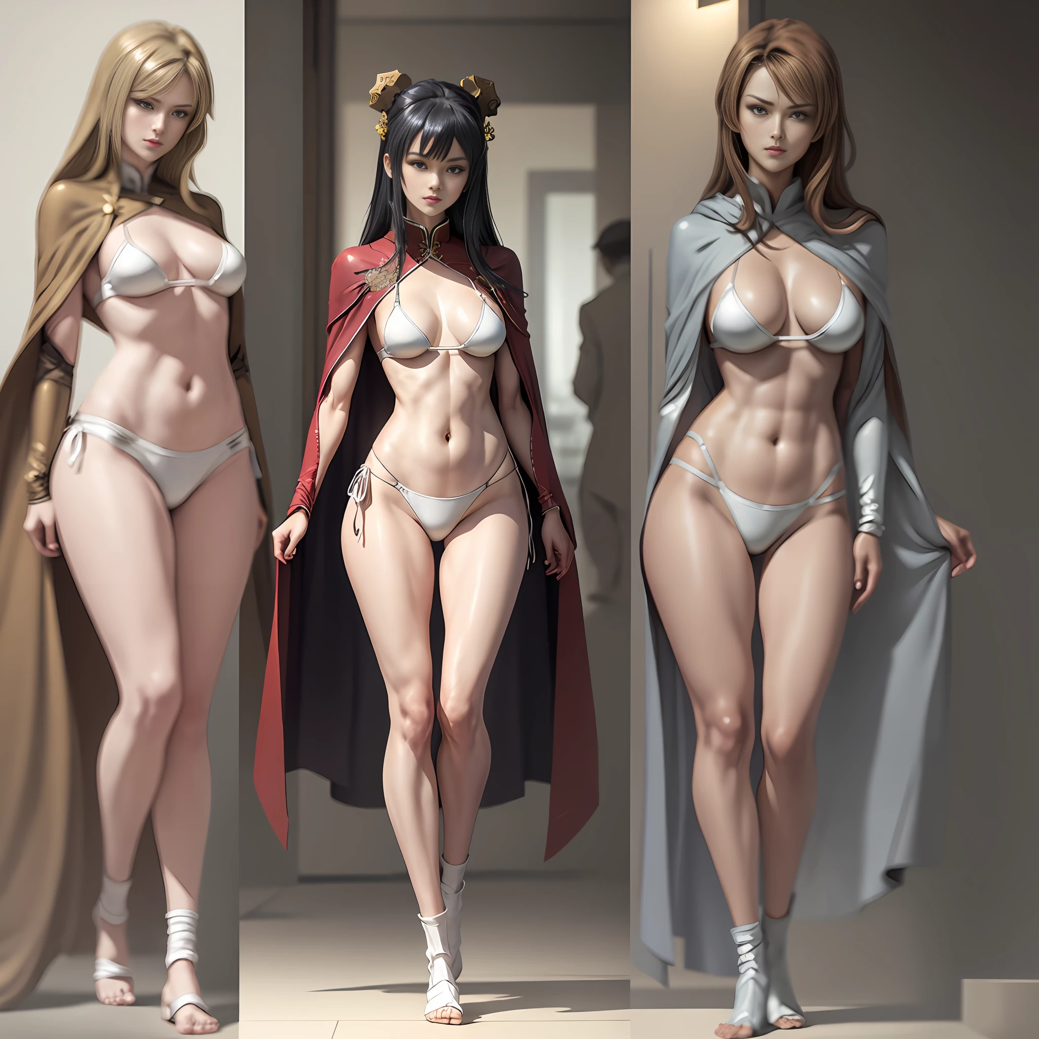 Anime - Chinese goddess standing in golden illusory space in sexy hanfu and bikini cape，walking towards viewer，seductive anime girls，Sexy ancient goddess，full body detailing，（1.4），（Long legs 1.1），[ 4 K digital art ]!,Smooth anime CG art，Female action anime girl，shiny white skin，Full body luxury，SFW version，full body pose，the perfect body，18 forbidden