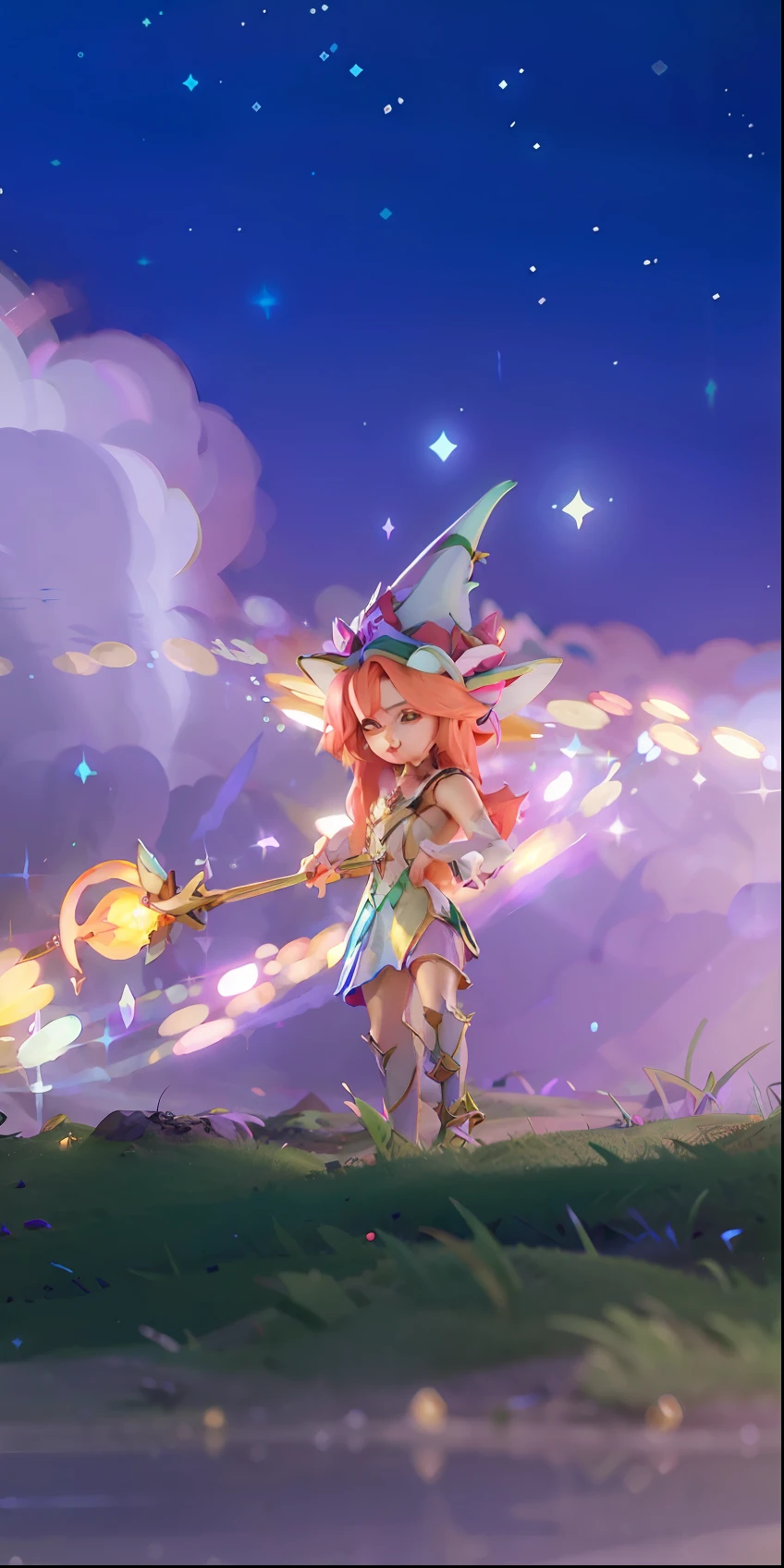 there is a cartoon girl with a wand and a hat on, concept art magical highlight, magical fantasy 2 d concept art, bright witch, 3 d render stylized, (octane rendered) Fantasy style, epic mage girl character, beeple and jeremiah ketner, pixie character, magical concept art, stylized 3d render, stylized as a 3d render