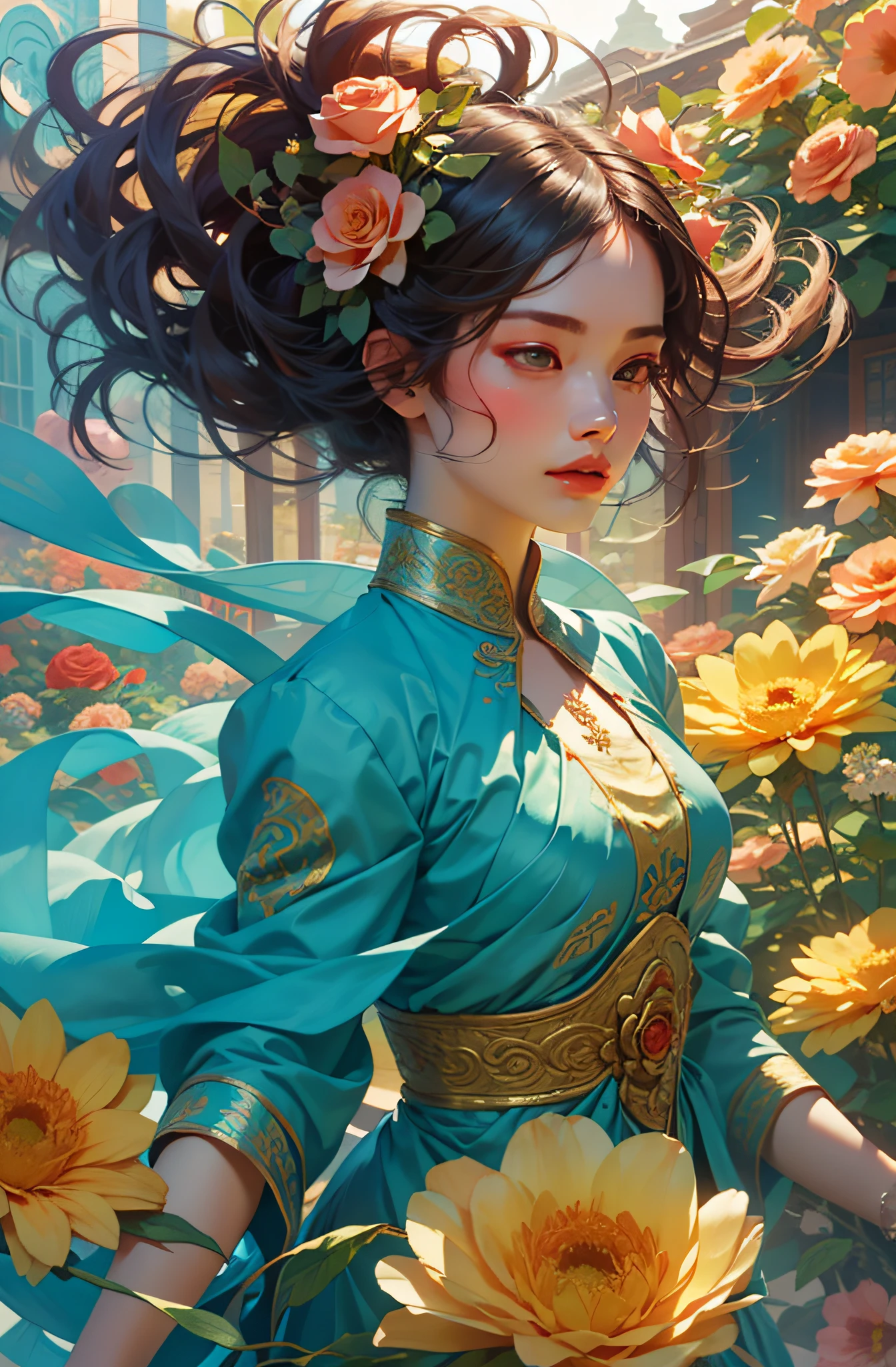 Best quality,masterpiece,ultra high res,(photorealistic_1.4),,solo,1girl,_,baihuaniang,Flowers,Flowers,Soft sunlight,Wind,Flying