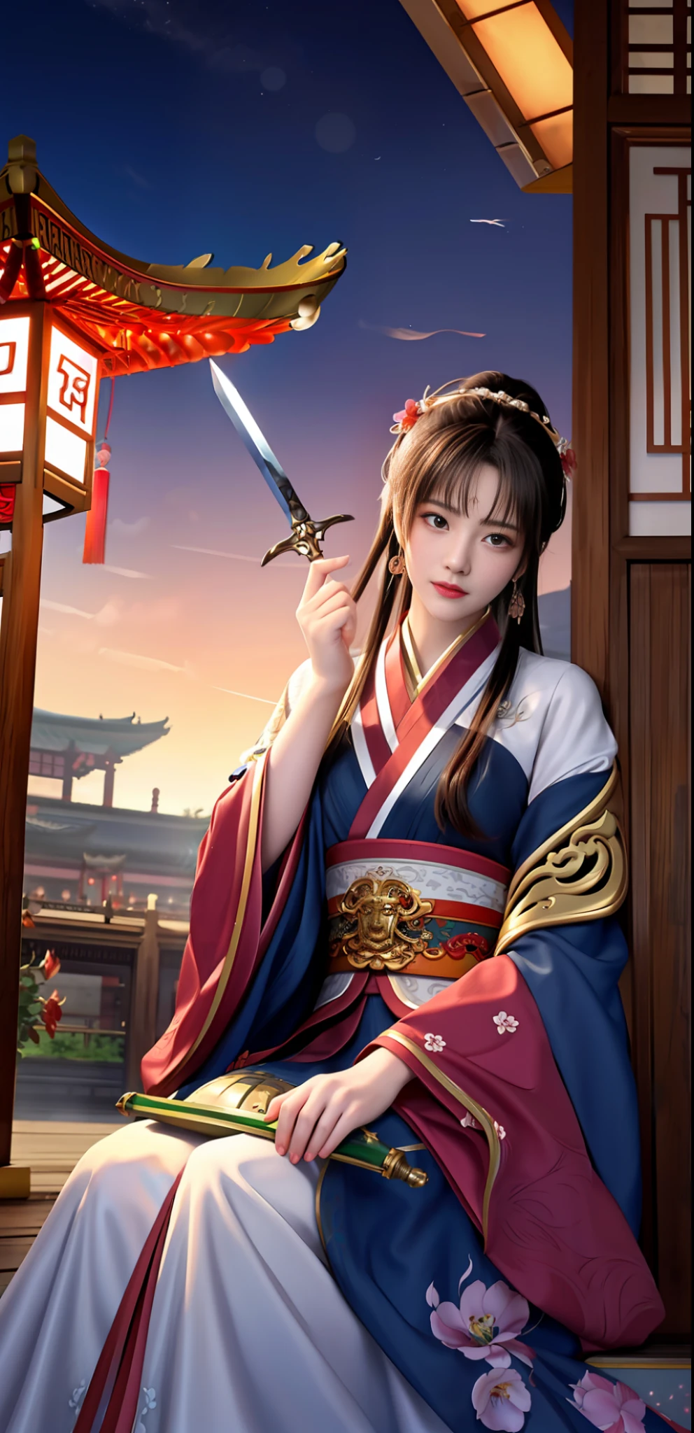 (Drunken with Lights and Swords: 1.8), (En plein air: 1.8), (Bust Close-up: 2.9), (独奏: 3.8), 1 ancient Chinese female warrior Exquisite face, watery big eyes, looking ahead, beautiful, Heroic, holding a jade bowl, crystal clear bowl, Drinking, wearing a sword, Drunk, confused expression, Hanfu, classical, Medium chest, noble, up head, holding with one hand, Drunk, Sexy, Jade, Earrings, pendants, gorgeous clothing, gorgeous color matching, gorgeous patterns, aristocratic, patterns, decorations, trinkets, Hairpins, buns, holding Ancient Wine Pot, romanticism lain, Romantic Colors, Classical Poetry, Dream Scenes (Golden Gove and Iron Horse), Drunken, Lying on One's Side, backgrounds (night, moonlight, Many Red Lanterns, Dim lights, Ancient Chinese architecture, Plum Blossoms), (Ancient Chinese architecture: 1.8), (Chinese style: 1.8), (Plum Blossom Scattering: 1.8), (A Branch Full of Plum Blossoms Appears from One Corner of the Picture: 1.8), (Close Up Above Thigh: 1.8), (close up: 2.8), (Many Red Lanterns: 1.8), (Sword: 1.8), (Ancient Chinese Wine Pot on the Ground: 2.8), (Sword on the Ground: 2.8), (moonlight: 1.6), (Holding Head with One Hand), (Sitting on a Wild Stone: 2.6), (Looking up and squinting), (strong wind: 1.6), (Chinese classical style: 1.6), Drunken, (Crystal Clear Jade Bowl: 1.6), (Drunken: 1.8), Liquor Sprinkled, (Plum Blossoms: 1.6), (night: 2.7), (Master Light: 1,9), (Master Color: 1.9), (Master Composition: 1.9),
(Masterpiece), best, 8k壁紙, illutstration, high-definition image quality, full of storytelling, complex backgrounds,Exquisite details, rich visual effects, Bright colors, layered highlights, shadows and details, as well as cinematic quality, exquisite and complex, Master work, official works, master lighting, movie composition, Movie lighting, Master Composition, master color scheme, 16k, superclear, wall paper,