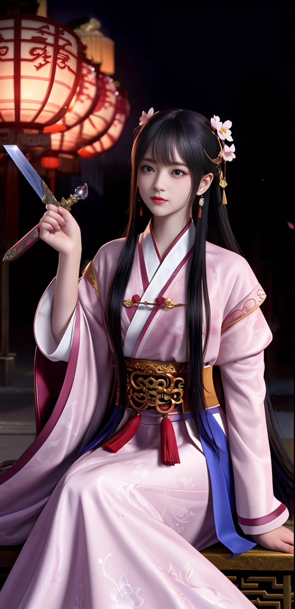 (Drunken with Lights and Swords: 1.8), (En plein air: 1.8), (Bust Close-up: 2.9), (独奏: 3.8), 1 ancient Chinese female warrior Exquisite face, watery big eyes, looking ahead, beautiful, Heroic, holding a jade bowl, crystal clear bowl, Drinking, wearing a sword, Drunk, confused expression, Hanfu, classical, Medium chest, noble, up head, holding with one hand, Drunk, Sexy, Jade, Earrings, pendants, gorgeous clothing, gorgeous color matching, gorgeous patterns, aristocratic, patterns, decorations, trinkets, Hairpins, buns, holding Ancient Wine Pot, romanticism lain, Romantic Colors, Classical Poetry, Dream Scenes (Golden Gove and Iron Horse), Drunken, Lying on One's Side, backgrounds (night, moonlight, Many Red Lanterns, Dim lights, Ancient Chinese architecture, Plum Blossoms), (Ancient Chinese architecture: 1.8), (Chinese style: 1.8), (Plum Blossom Scattering: 1.8), (A Branch Full of Plum Blossoms Appears from One Corner of the Picture: 1.8), (Close Up Above Thigh: 1.8), (close up: 2.8), (Many Red Lanterns: 1.8), (Sword: 1.8), (Ancient Chinese Wine Pot on the Ground: 2.8), (Sword on the Ground: 2.8), (moonlight: 1.6), (Holding Head with One Hand), (Sitting on a Wild Stone: 2.6), (Looking up and squinting), (strong wind: 1.6), (Chinese classical style: 1.6), Drunken, (Crystal Clear Jade Bowl: 1.6), (Drunken: 1.8), Liquor Sprinkled, (Plum Blossoms: 1.6), (night: 2.7), (Master Light: 1,9), (Master Color: 1.9), (Master Composition: 1.9),
(Masterpiece), best, 8k壁紙, illutstration, high-definition image quality, full of storytelling, complex backgrounds,Exquisite details, rich visual effects, Bright colors, layered highlights, shadows and details, as well as cinematic quality, exquisite and complex, Master work, official works, master lighting, movie composition, Movie lighting, Master Composition, master color scheme, 16k, superclear, wall paper,