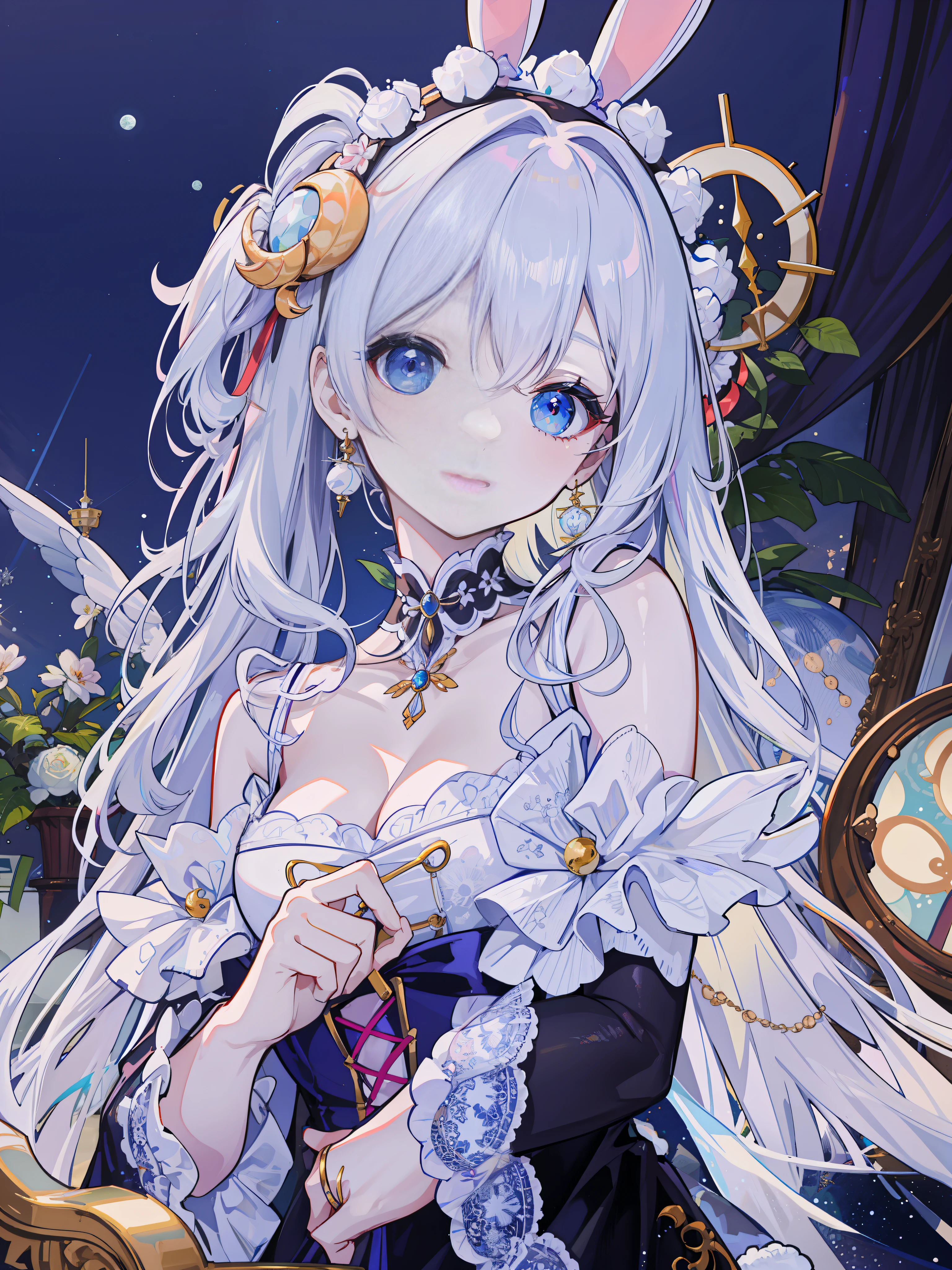 there is a woman in a bunny costume posing for a picture, ****, fairycore, Porcelain white skin, # Rococo, dreamy and detailed, rococo queen, pale milky white porcelain skin, Guwiz, SSAO 8 K, ball jointed doll, lunar themed attire, 8K)), ecopunk rococo, Rococo, 8 k detail