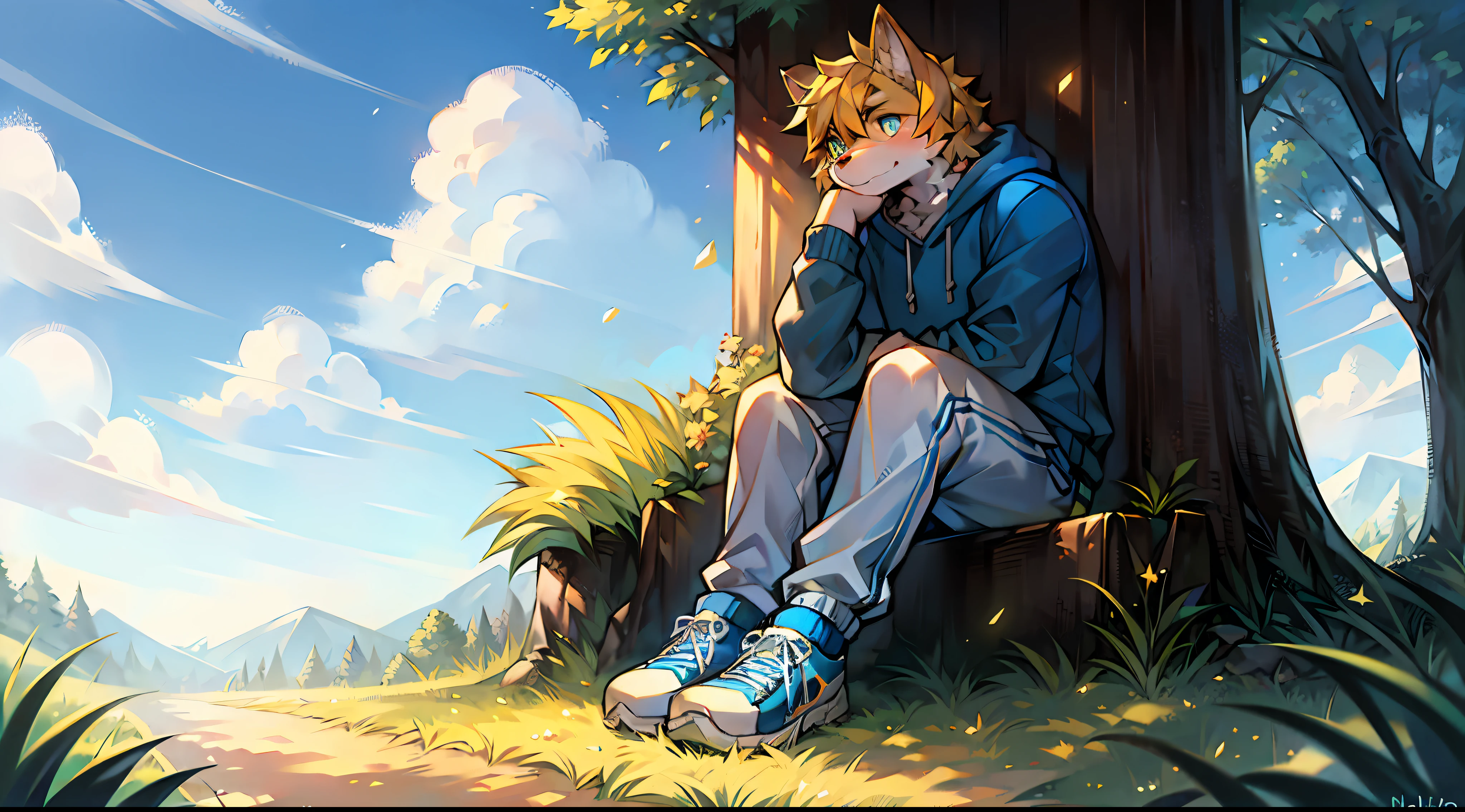 Furry, shy, clear eyes, bright eyes, cheerful, confident, serious, calm, indifferent, upright, wolf, blue pupils, male, male, teen, mature, strong, strong, muscular, easygoing, alone, single, humanoid, light yellow hair, golden-orange hair texture, beautiful fluffy tail, modern clothing, blue sweatshirt, white loose pants, blue and white sneakers, sitting, sitting cross-legged, bending knees, body facing away from the picture, looking at the sky, turning head, holding knees, relaxing, nature, sunlight, Sunny day, sitting on the ground, sitting on the ground, sitting on the ground, particles, light effects, halos, green grass, hillside, breeze, sky, sun, white clouds, by the road, 8k.