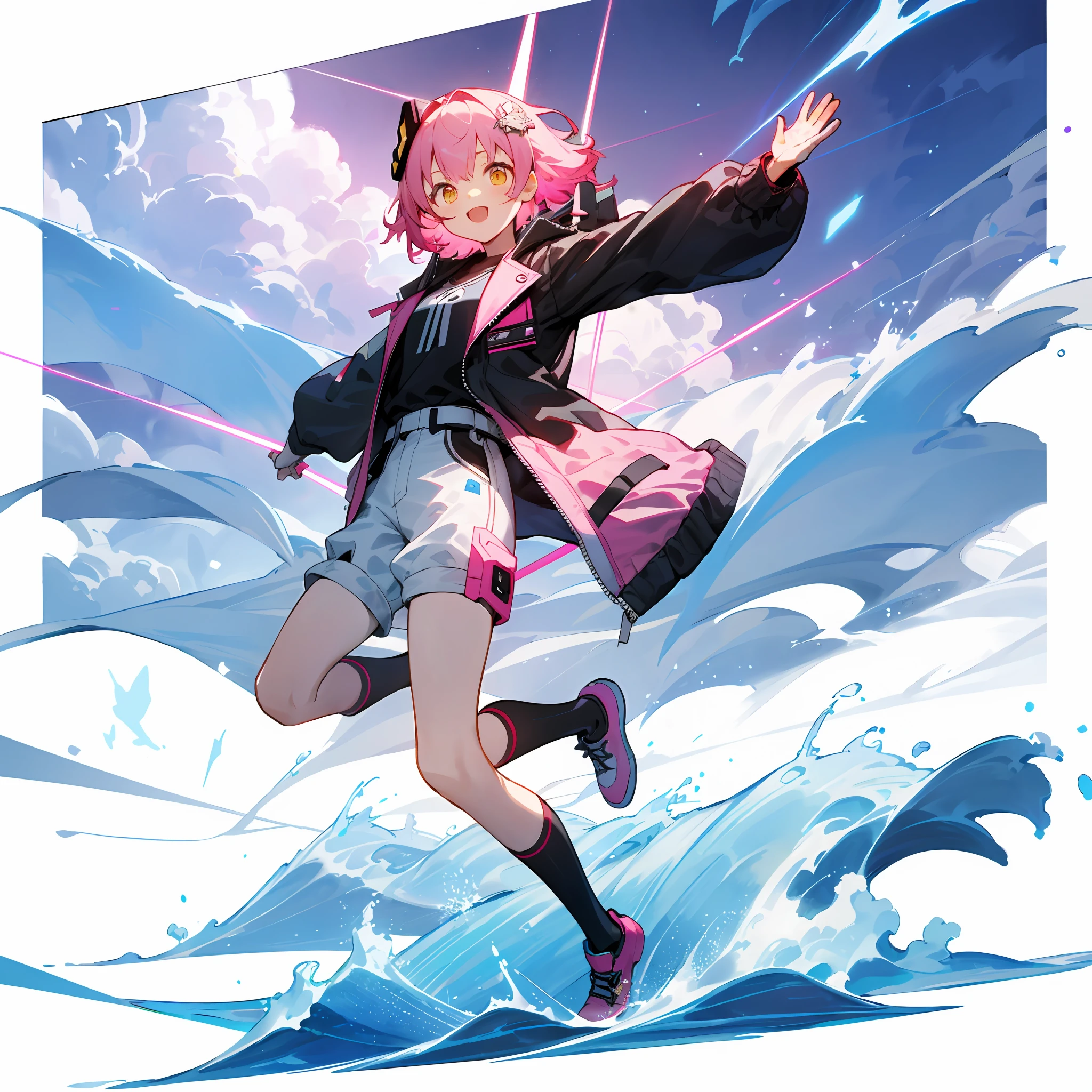 [（Pink cloud background)]，[(White background:1.4)::5]（isometric：1.0）， 1girls， mid-shot， (full - body)， Cloud waves， Light source splash， heavens， light particules， （arma\）,pink short hair，Large bow hair ornament on the head，Near-future cyberpunk jacket，Golden eyes，Bounce，Standing painting style，Short girl，Cutes，lol，dynamism，hot pants，Dynamic，Cloud particles，One leg bent，Jump up