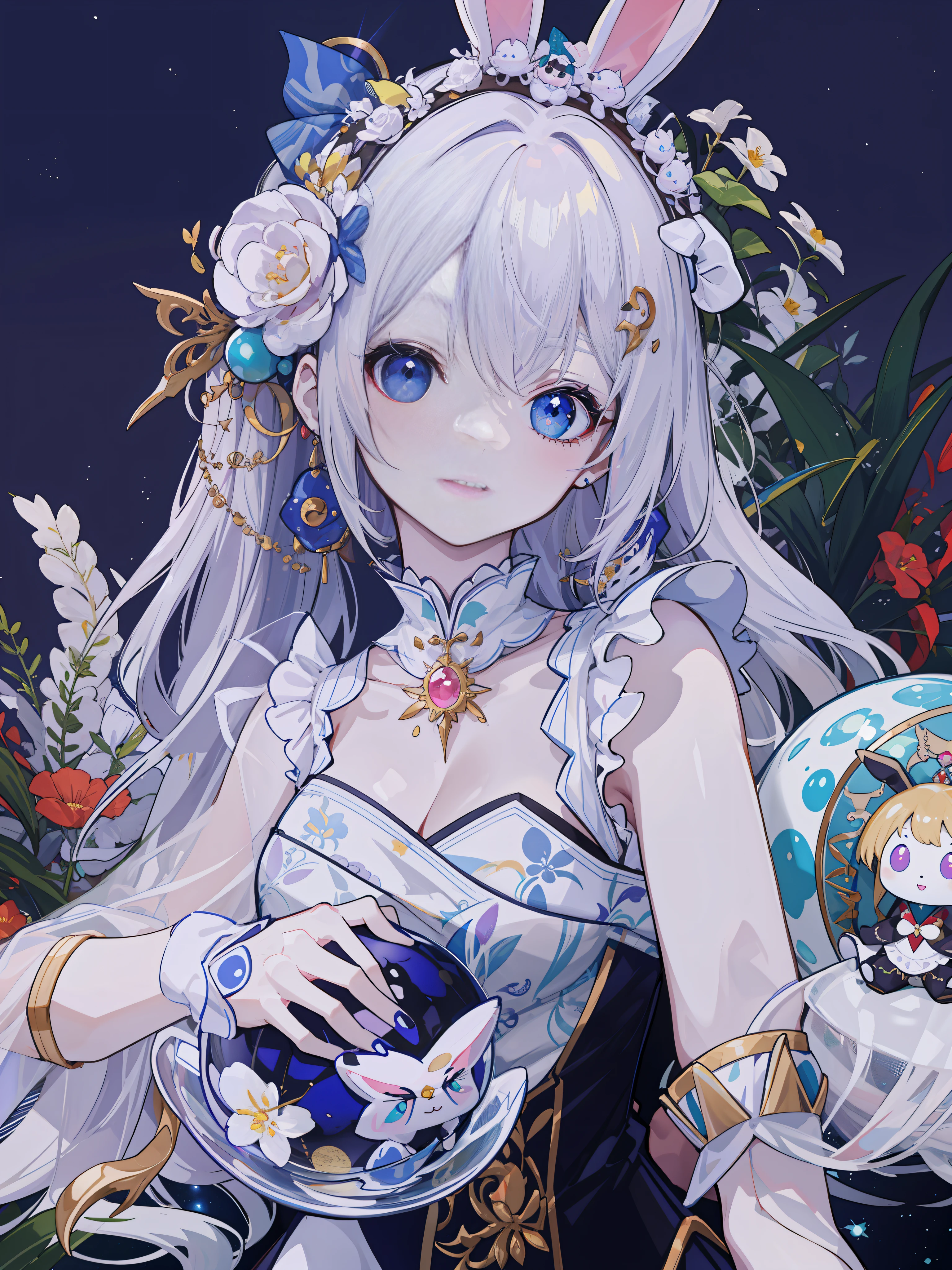 there is a woman in a bunny costume posing for a picture, loli, fairycore, Porcelain white skin, # Rococo, dreamy and detailed, rococo queen, pale milky white porcelain skin, Guwiz, SSAO 8 K, ball jointed doll, lunar themed attire, 8K)), ecopunk rococo, Rococo, 8 k detail