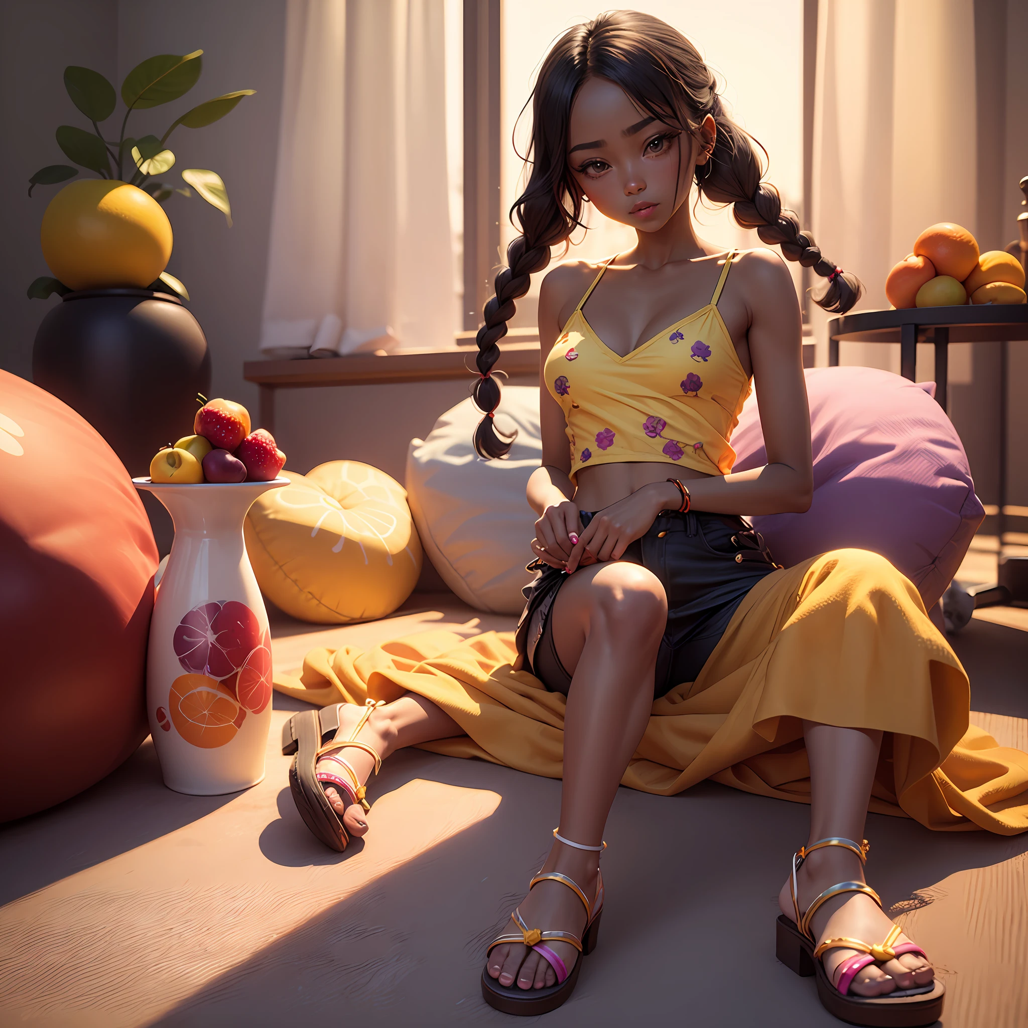 masterpiece Chibichara 3D dark skin, Braided hair of yellow-purple Cute and beautiful Avant-garde string camisole with fruit print Sandals with fruit ornaments Background is galaxy and sunset --auto