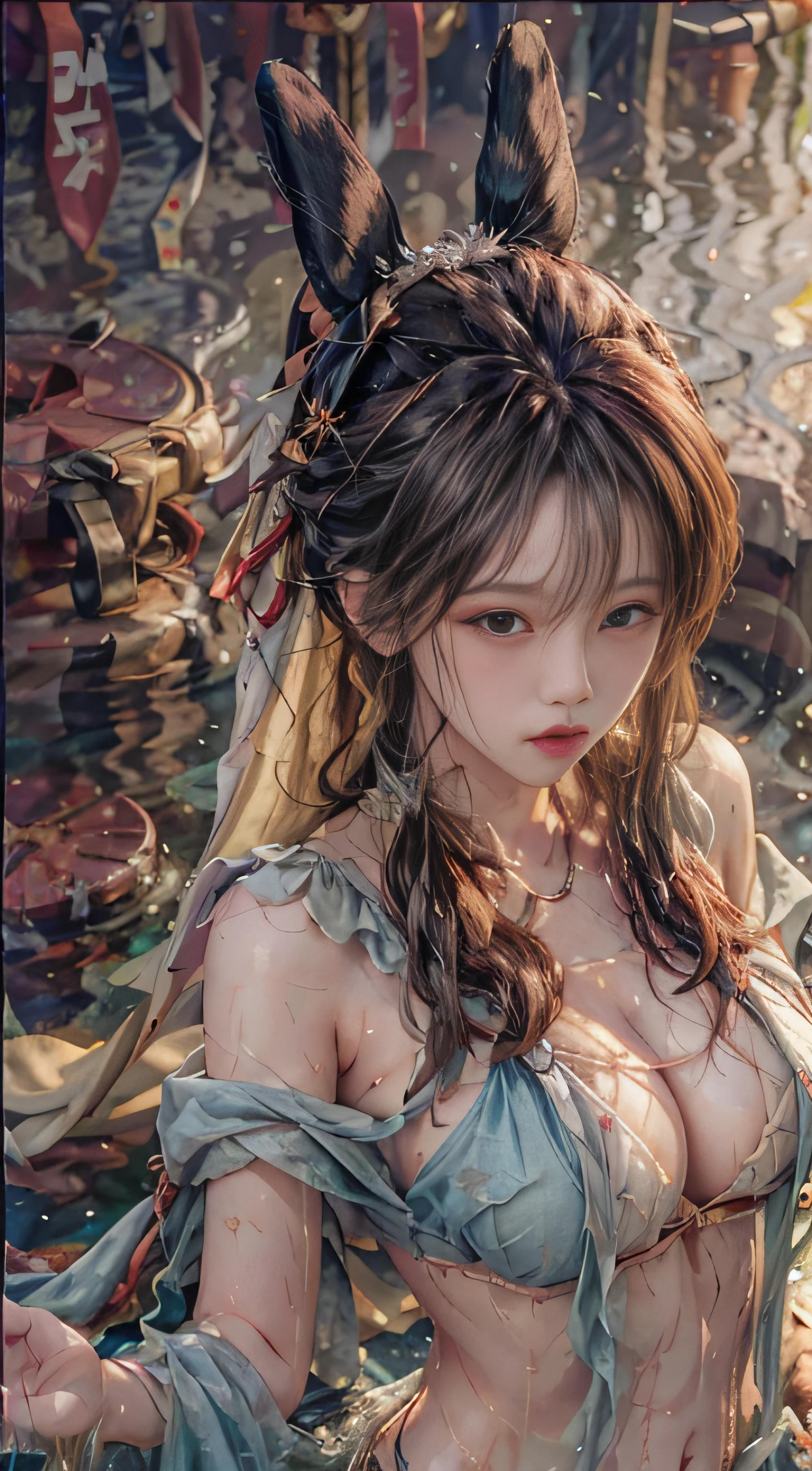 Belly button, cleavage, (big breast: 1.2) close-up, upper body, water on the body, soaked clothes,