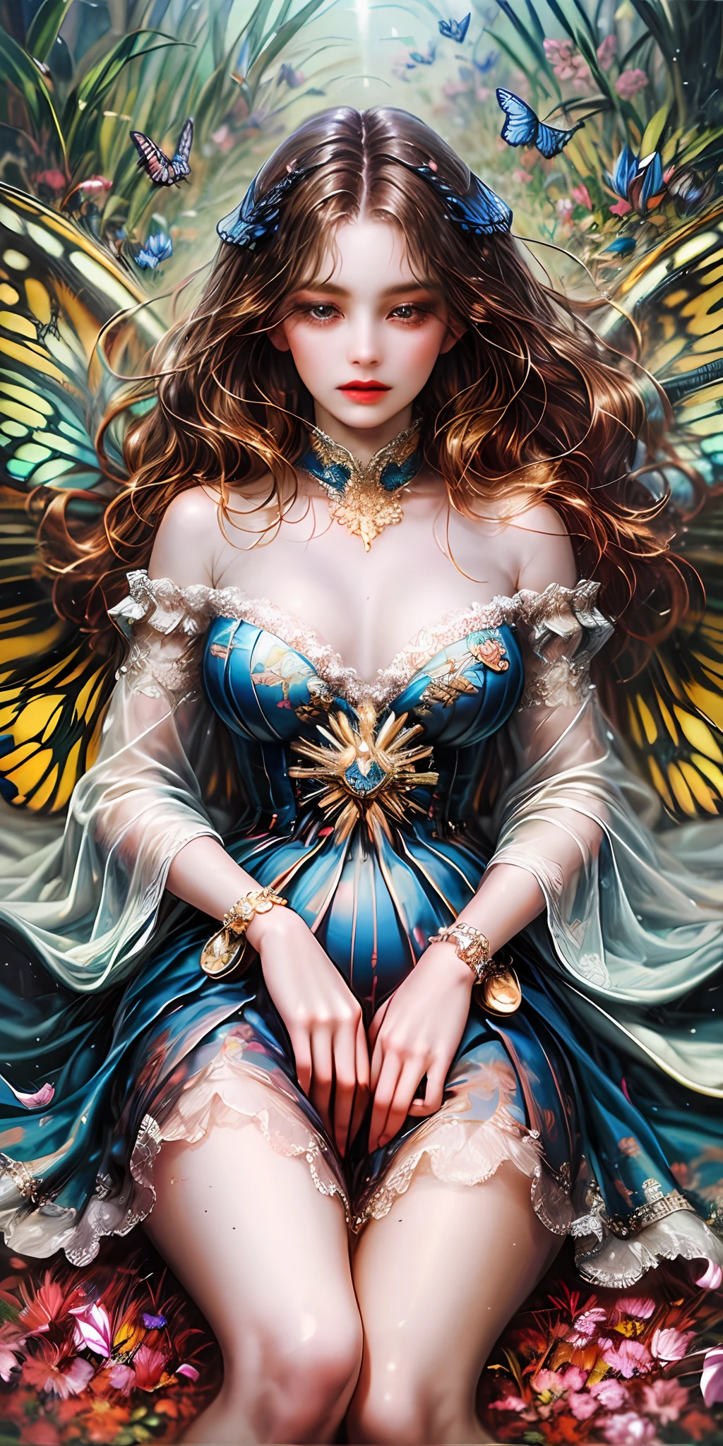 Stunning beauty,beautiful,Oil painting style,Thick coating,A woman of peerless style,long brunette hair,intricately linked,Beautiful posture,Beautiful curves,Plump ideal type,Sit with forked legs,large legs,small legs,claws,elegantly,Extravagant artistic acts,romanticism lain,(s fractal art),Flower petals,Vivid colors,The most beautiful form of chaos,butterflies,fireflys,butterfly wings,summertime,Colorful,Colorful and magnificent,From above,From the front view,