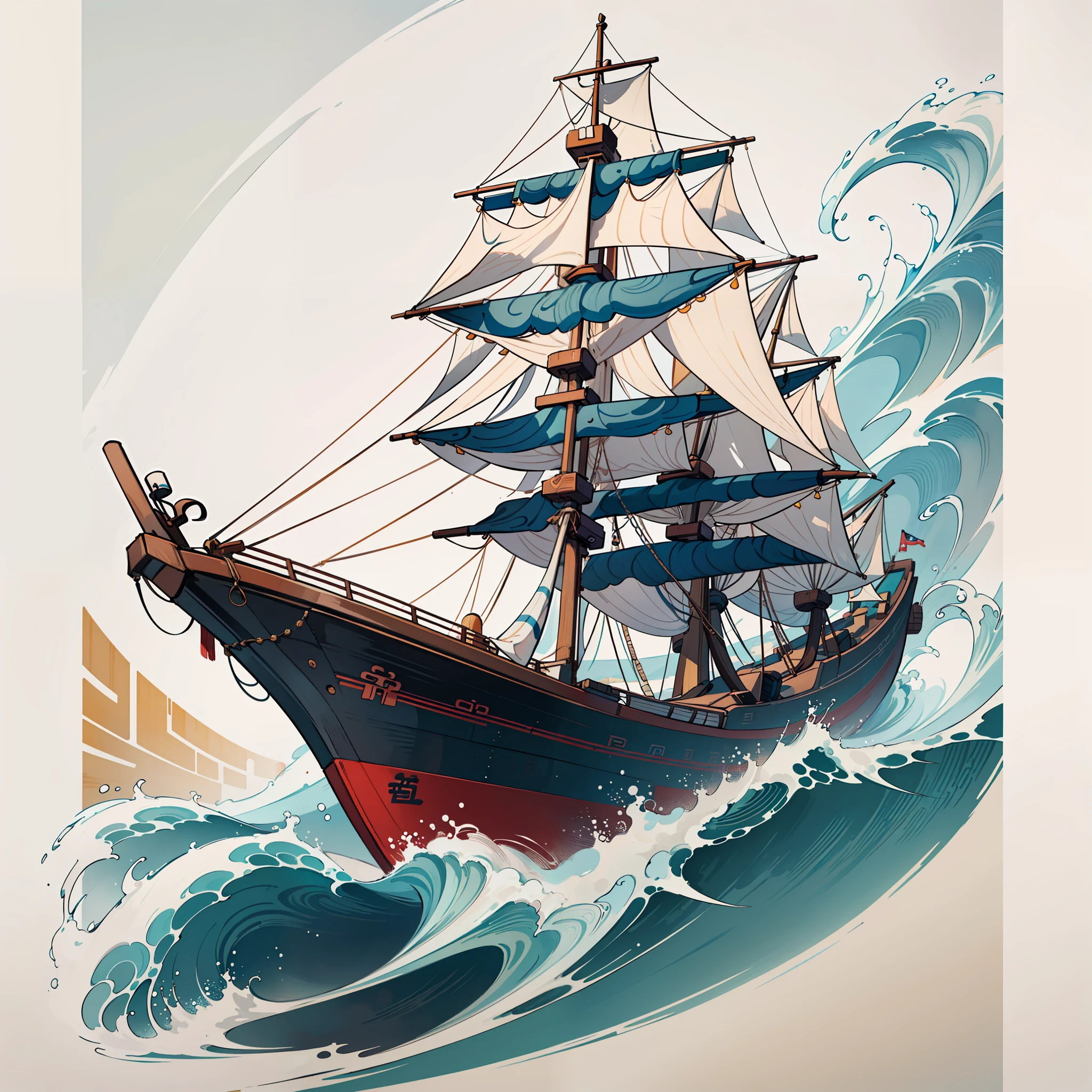 (An ancient Chinese painting),Epic composition,Traditional pattern,(The Masterpiece,Top quality,officlal art,best qulity,Beauty and aesthetics:1.2),Three Chinese wooden sailing ships,riding the wave,Extremely detailed,(s fractal art:1),full of colour,Best Masterpiece,8K,white Background:1.6