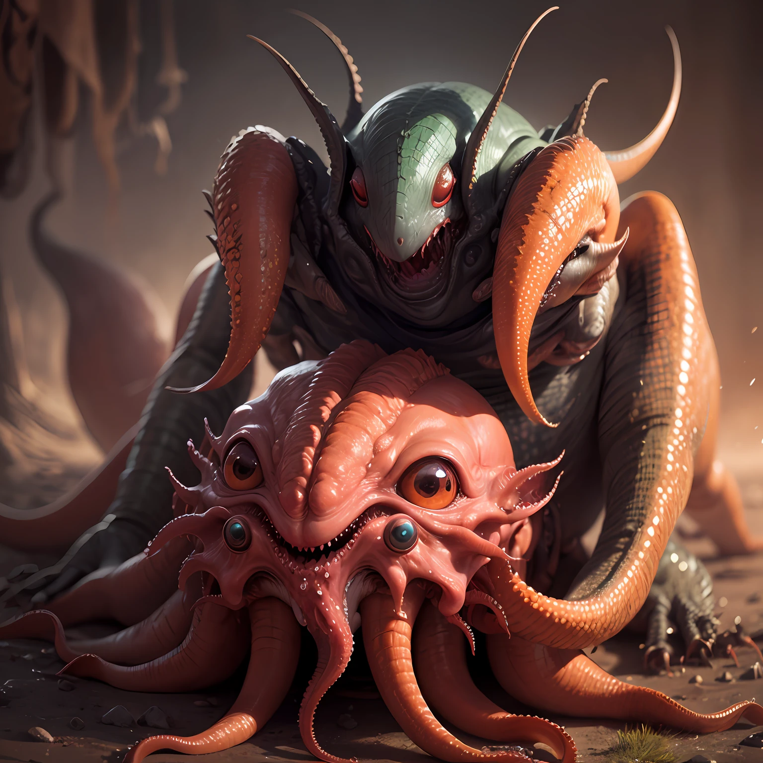 alien, Large mouth of blood, protruding eyes, mixed with lizard scales, no ears and noses, top-heavy, Covered in wet mucus，Octopus-like limbs are devouring human souls --auto