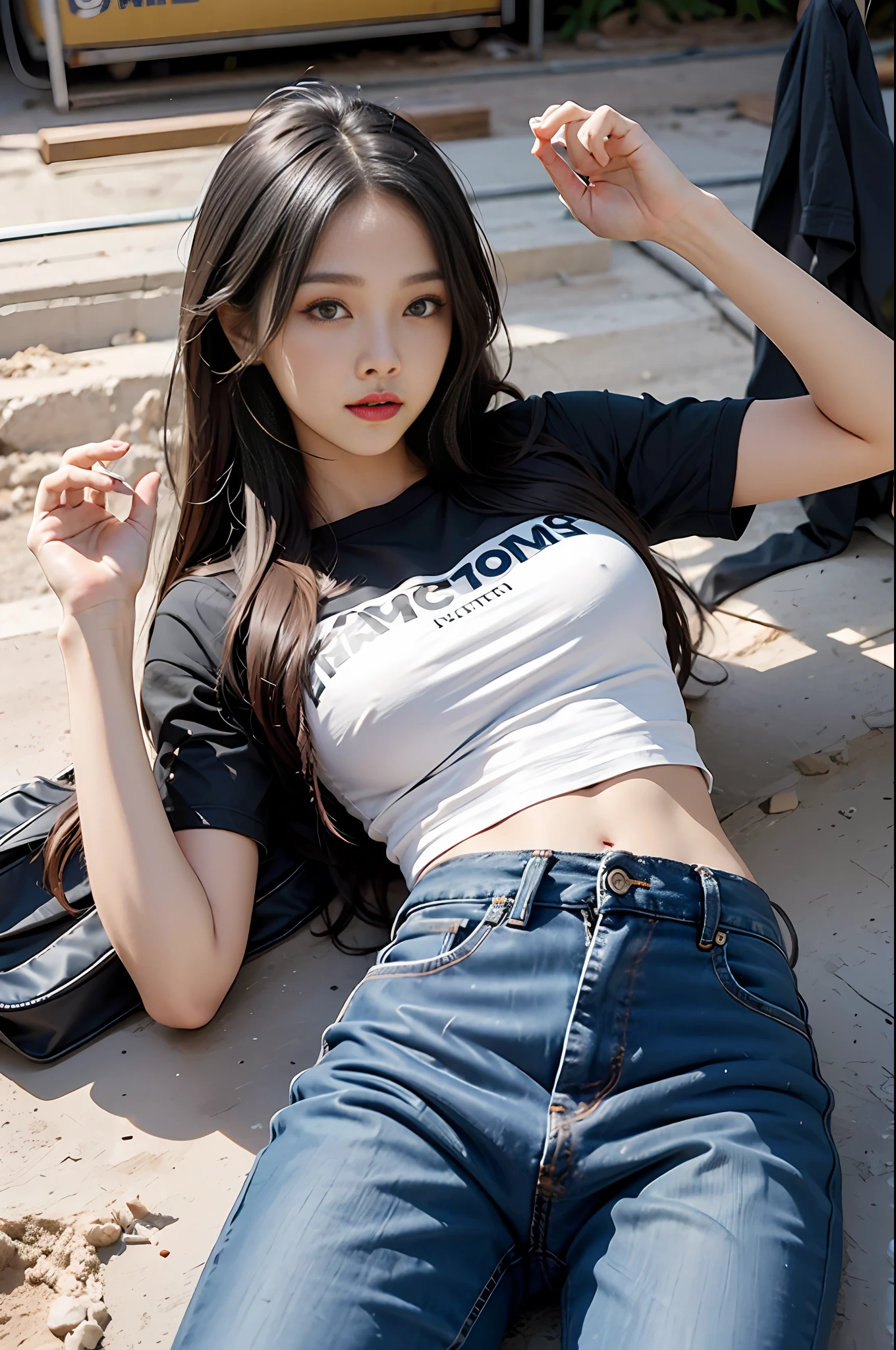 Man in tight denim skirt poses for a photo，full - body，legs open wide，With a cropped T-shirt，Strengthen your body，Larger bust，Pure and cute face，24-year-old male model，Lying on the construction site，No tops，No underwear