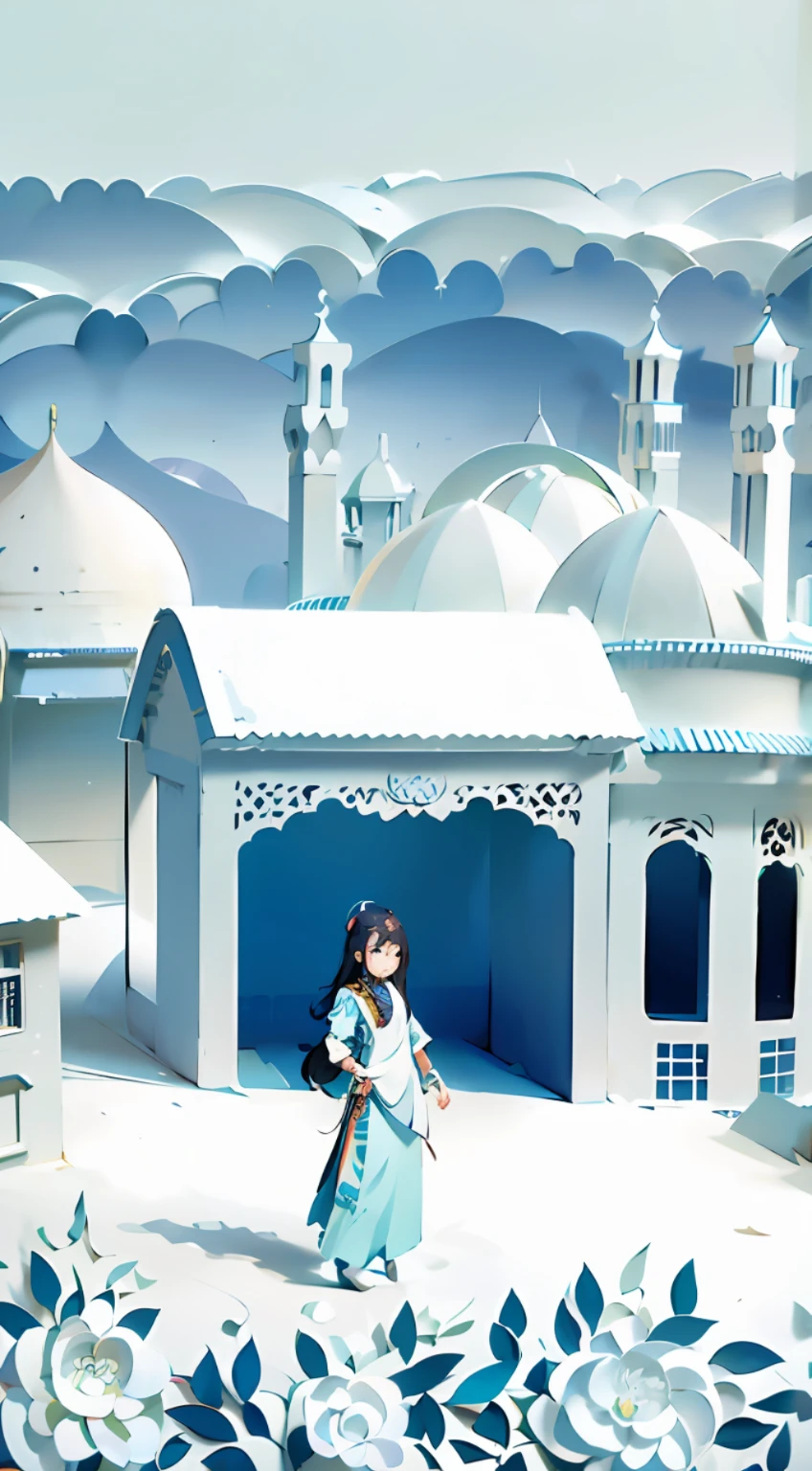 There is an Uzbek woman from China's ethnic minority standing outdoors in the snow, persian folkore artstyle, Stylized digital illustration, in style of digital illustration, persian folklore illustration, Flat illustration, inspired in hirohiko araki, Detailed 2D illustration, painting of samarkand, 2D illustration, 2 d illustration, holy city | illustration, Uzbek folktale art style