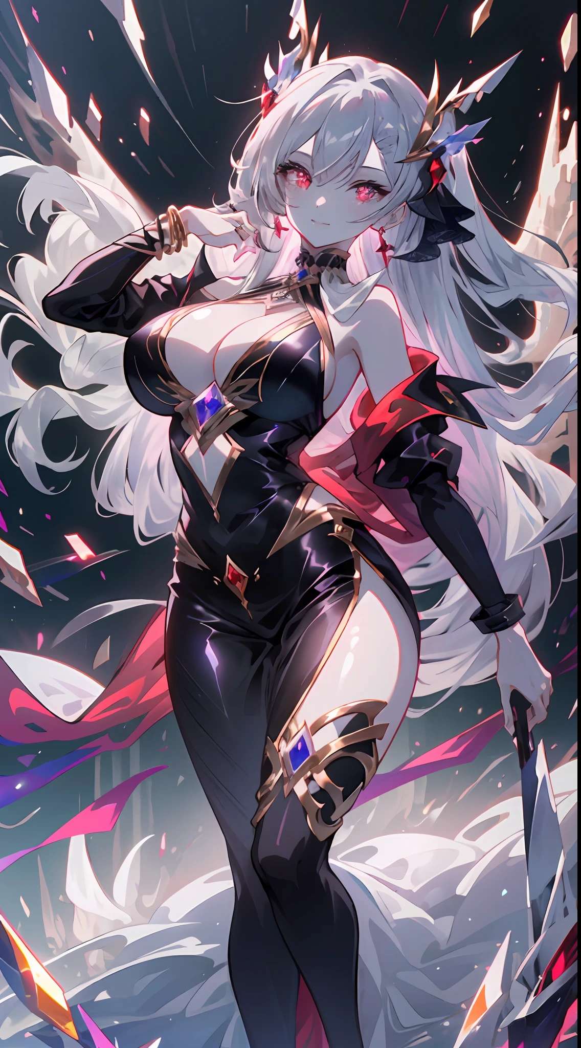 (Simple hands:0.5)+(Detailed hands:0.7),(master-piece),(best qulity),Red eyes,1girls,Pale skin,gray haired,Red eyes,two color hair,Lashes,A bracelet,jewelries,smiled,gleaming skin,Shiny hair,Detailed and majestic stage,fantastical,slong hair,1girl with big breasts,two color hair,night sky, Incredibly detailed CG illustration masterpiece,looking at you,The proportions are correct,animesexy,beautiful anime eyes, beautifuldetailedeyes, urple eyes, shiny glistening eyes, Red eyes, (full - body), (curves),