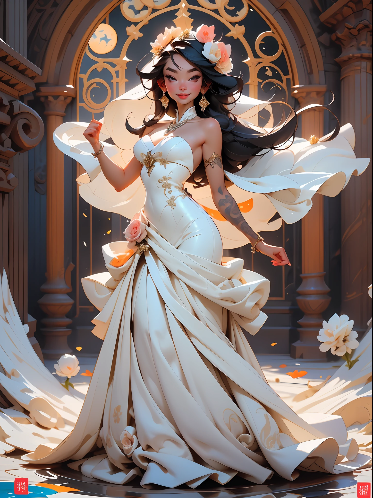 ((best qulity)),((The Masterpiece)),((realistically))Hyper-detail photography of a god girl in a white wedding dress。She has((Dark blue hair)),Happy smile expression,Look up at the sky action,sun shine on face,The skin is white and delicate,With delicate jewelry ornaments,With a delicate necklace around his neck,Wearing a white wedding dress,Full body photo,Exudes an atmosphere((Beautiful and beautiful)),erogenous,under-boobs,erogenous,
