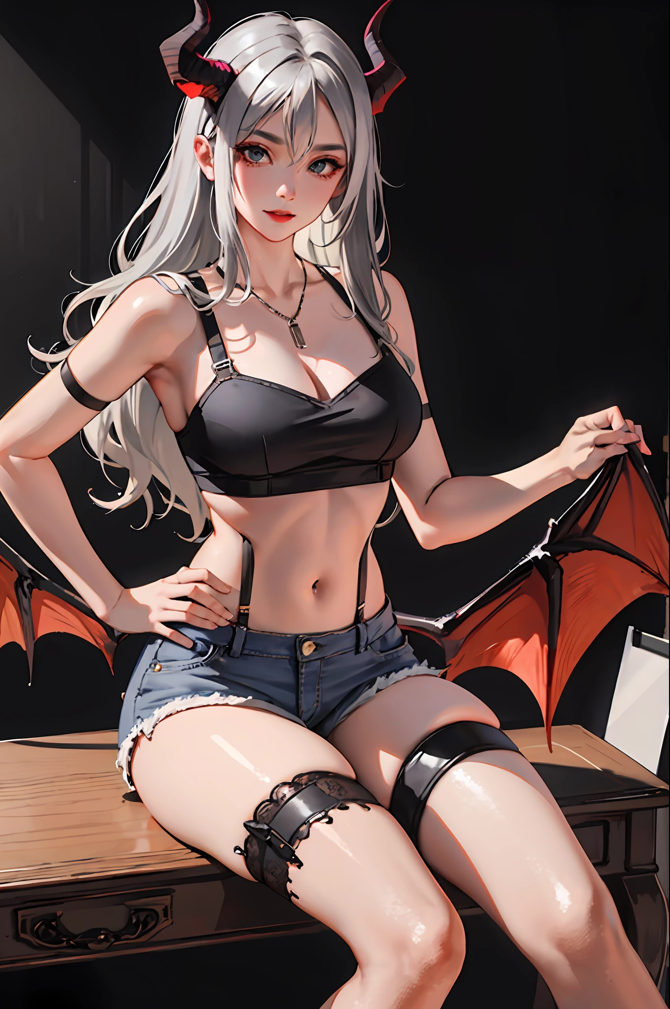 (The Masterpiece:1.2, Need), (realphoto, Crafted with great care), 独奏, 1lady,gray haired,slong hair,Succubus,Succubus Tail,Succubus Horn,Succubus wings,Black lace suspender stockings,Crop topping,black tanktop,Jeans Shorts,high-heeled shoes