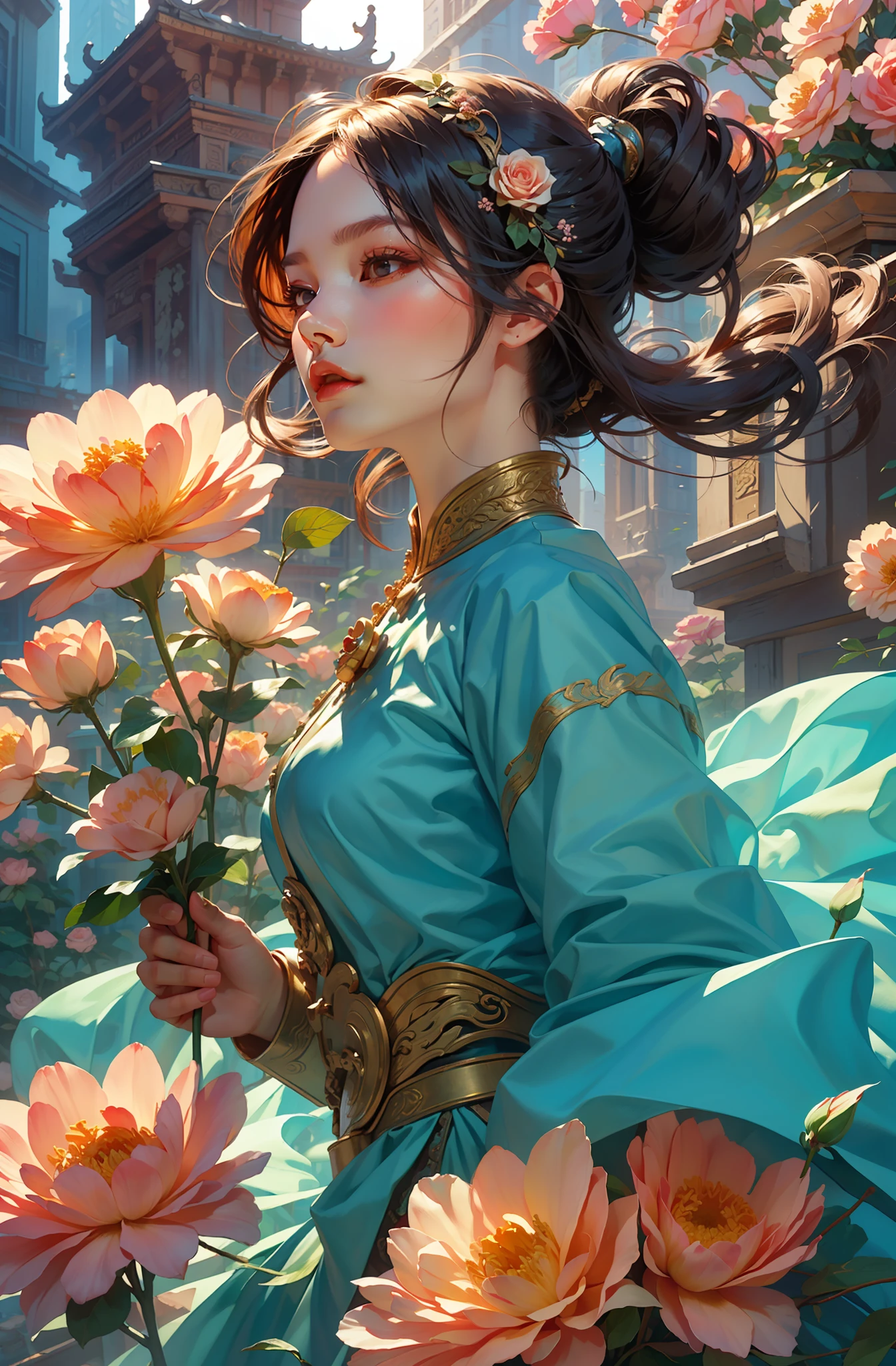 Best quality,masterpiece,ultra high res,(photorealistic_1.4),,solo,1girl,_,baihuaniang,Flowers,Flowers,Soft sunlight,Wind,Flying